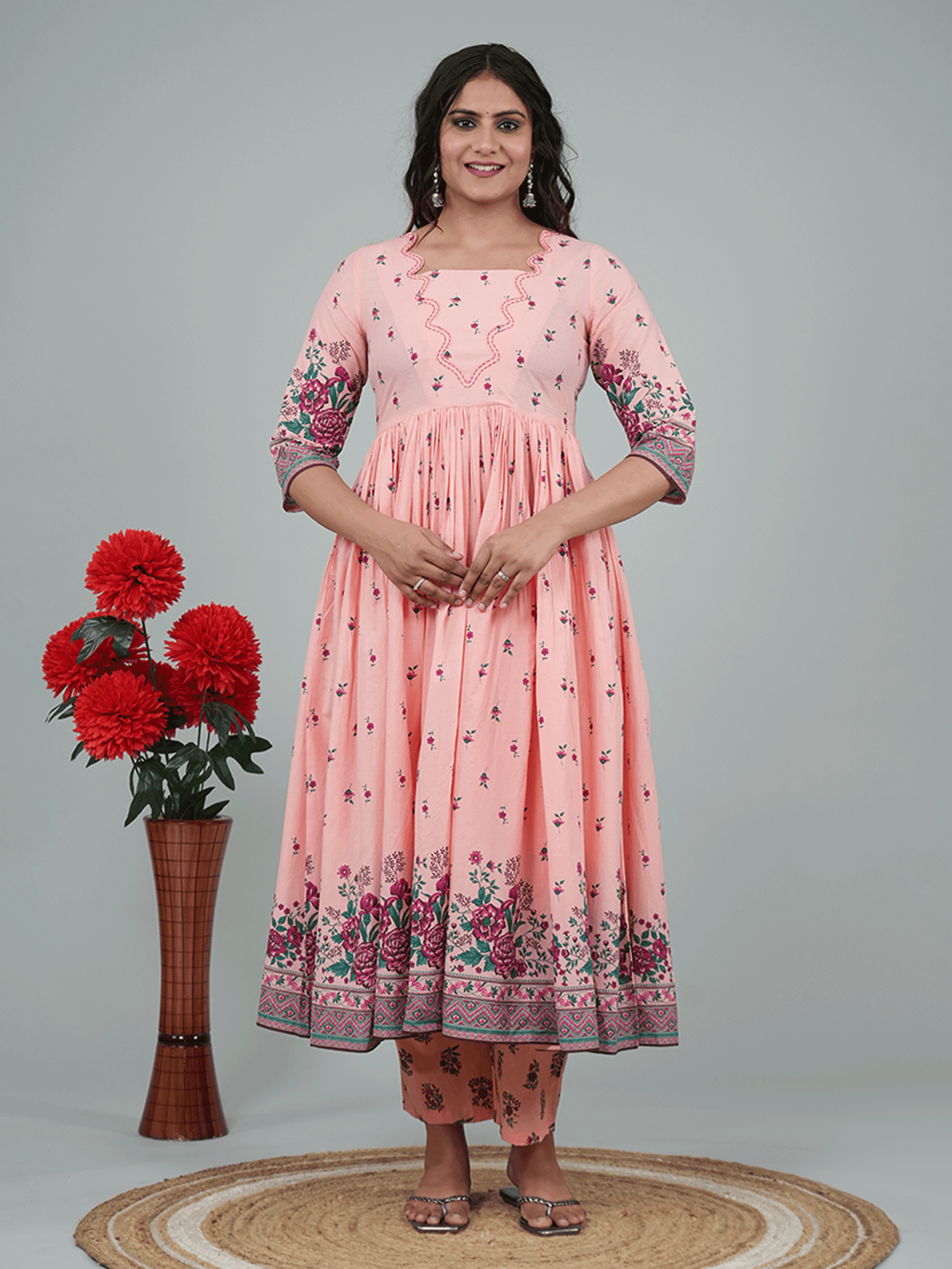 Soft Cotton Placement Print Flared Peach Kurta