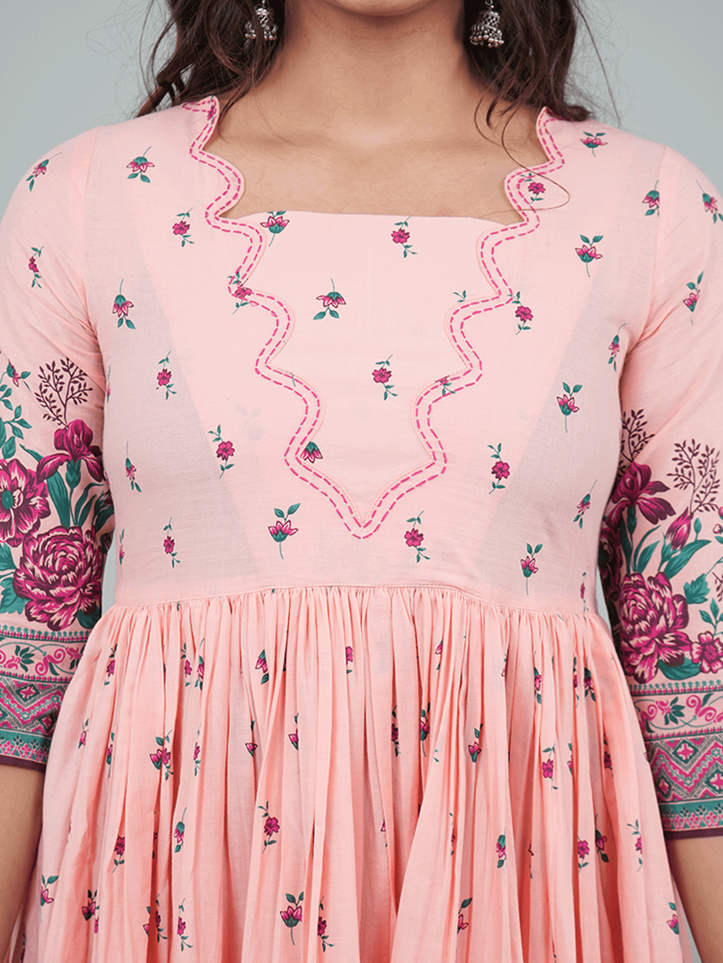 Soft Cotton Placement Print Flared Peach Kurta