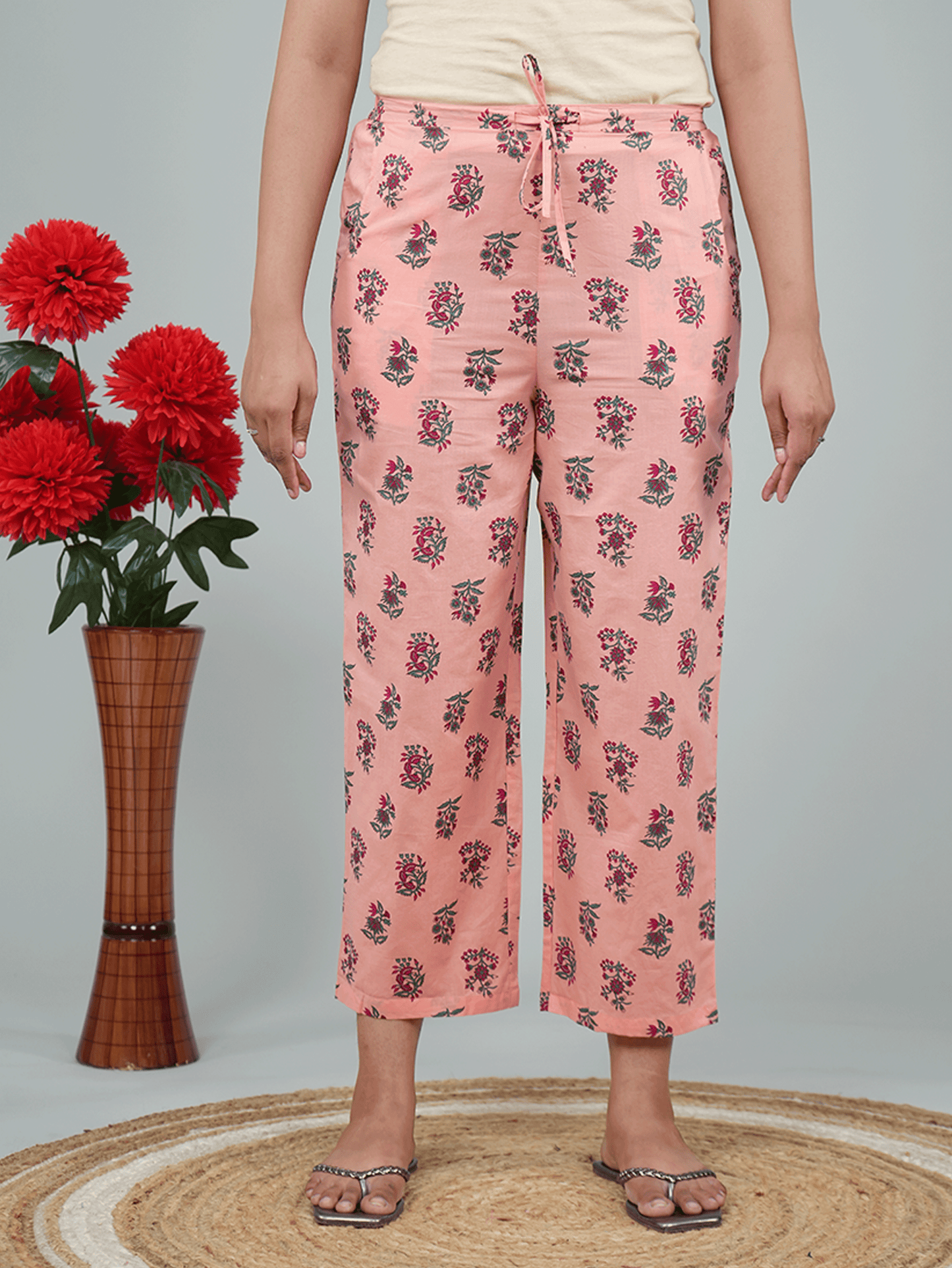 Soft Cotton Placement Print Flared Peach Kurta