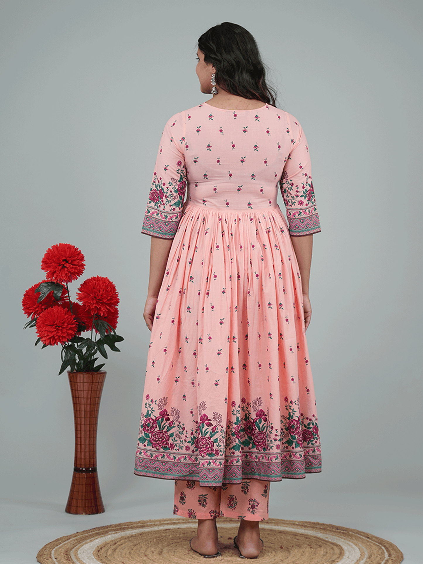 Soft Cotton Placement Print Flared Peach Kurta