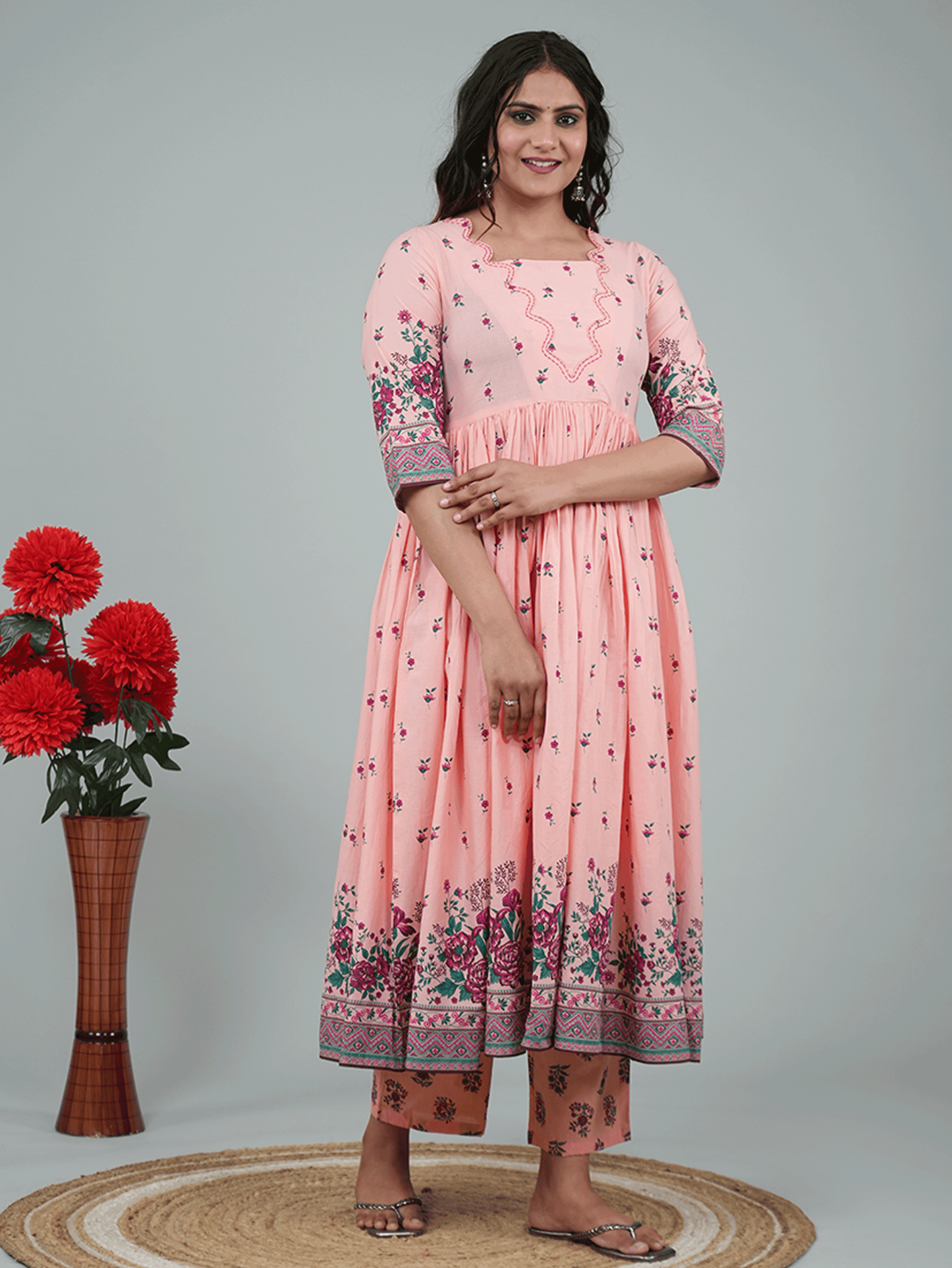 Soft Cotton Placement Print Flared Peach Kurta