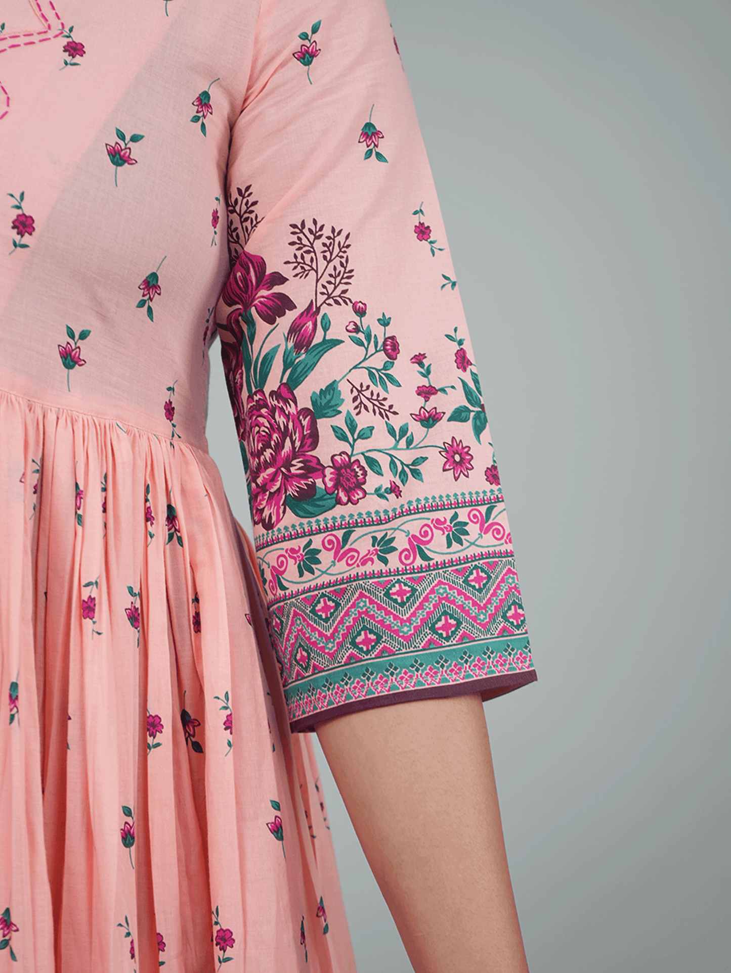 Soft Cotton Placement Print Flared Peach Kurta