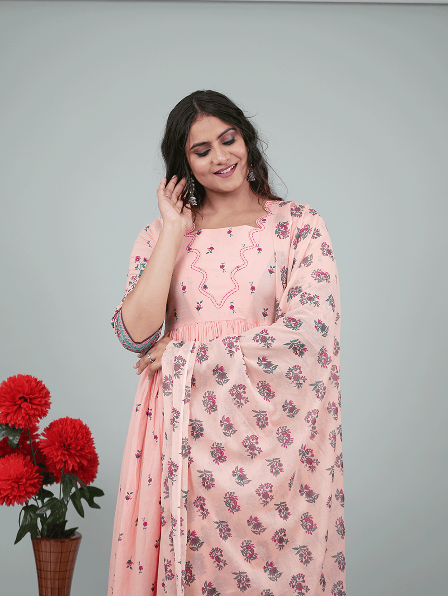 Soft Cotton Placement Print Flared Peach Kurta