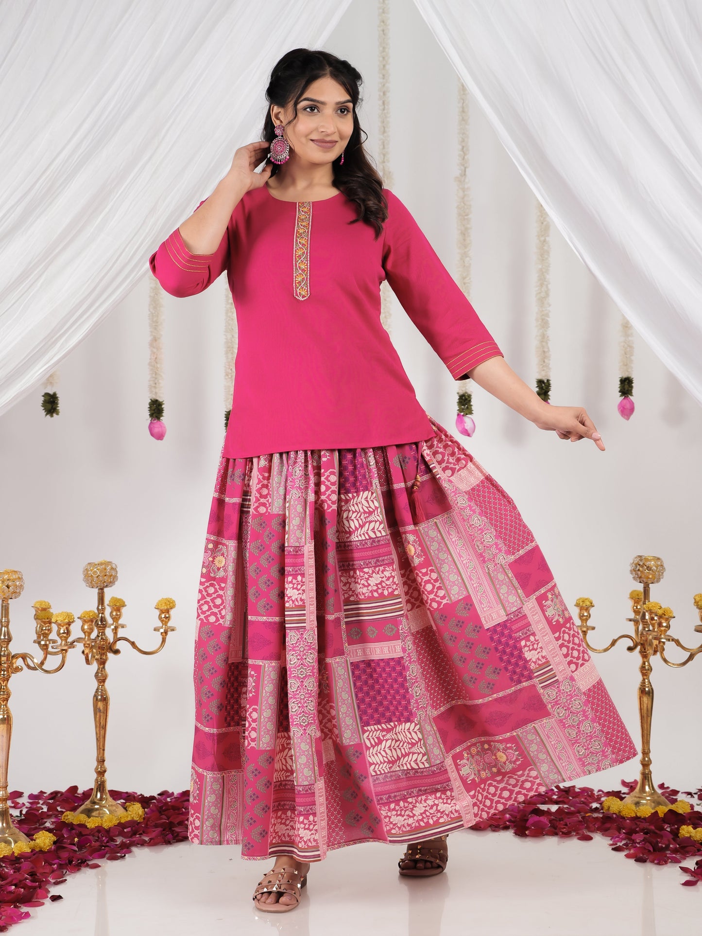 Embroidered Soft Cotton Solid Royal Pink Kurti