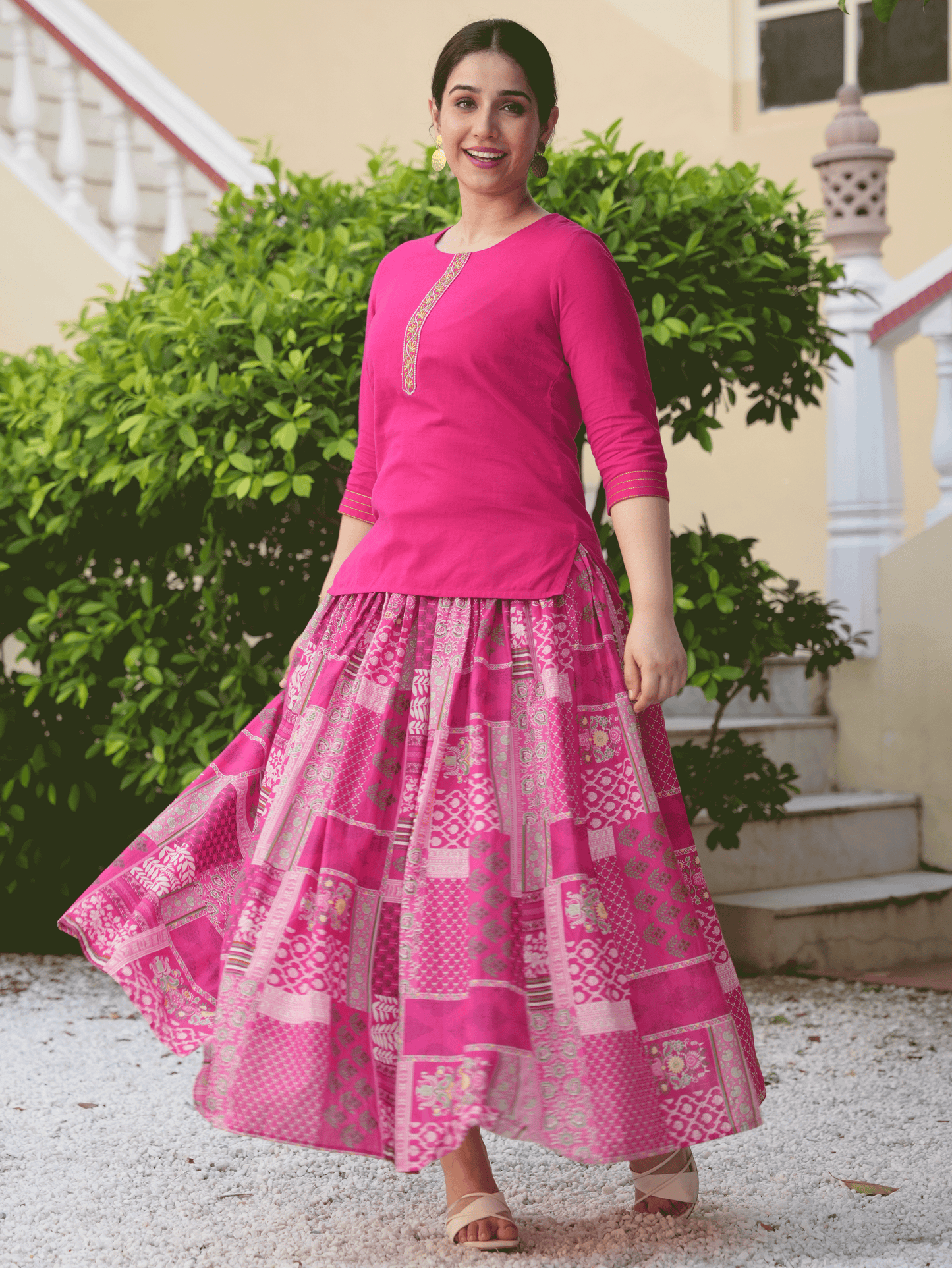 Embroidered Soft Cotton Solid Royal Pink Kurti