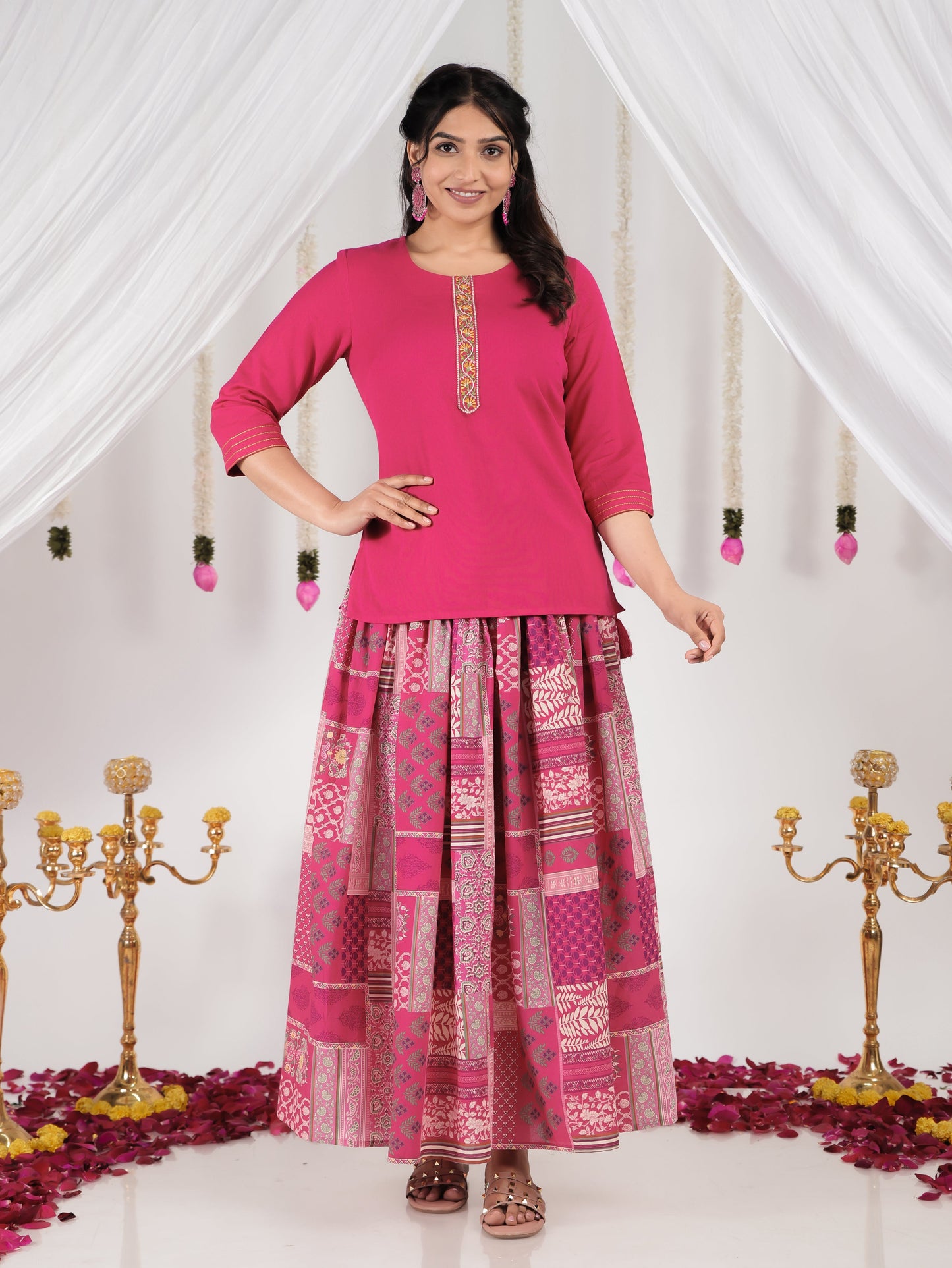 Embroidered Soft Cotton Solid Royal Pink Kurti