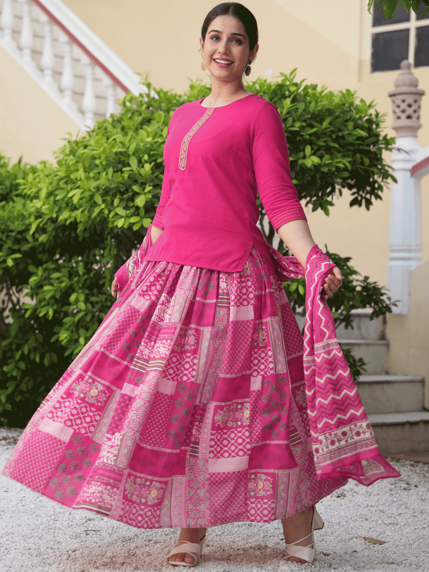 Embroidered Soft Cotton Solid Royal Pink Kurti