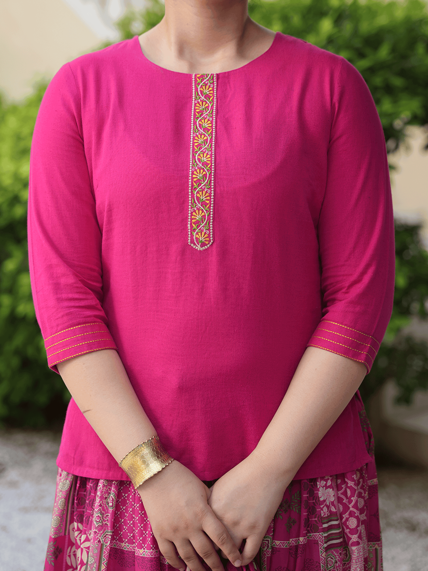 Embroidered Soft Cotton Solid Royal Pink Kurti