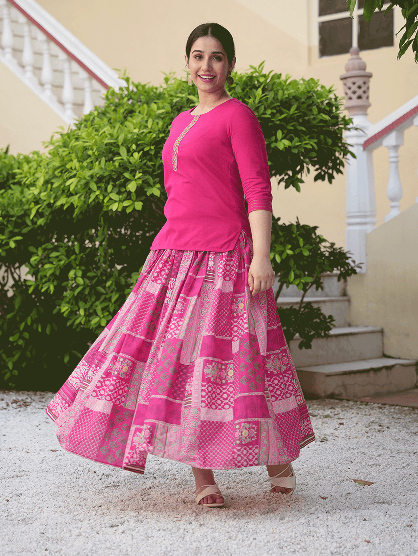 Embroidered Soft Cotton Solid Royal Pink Kurti
