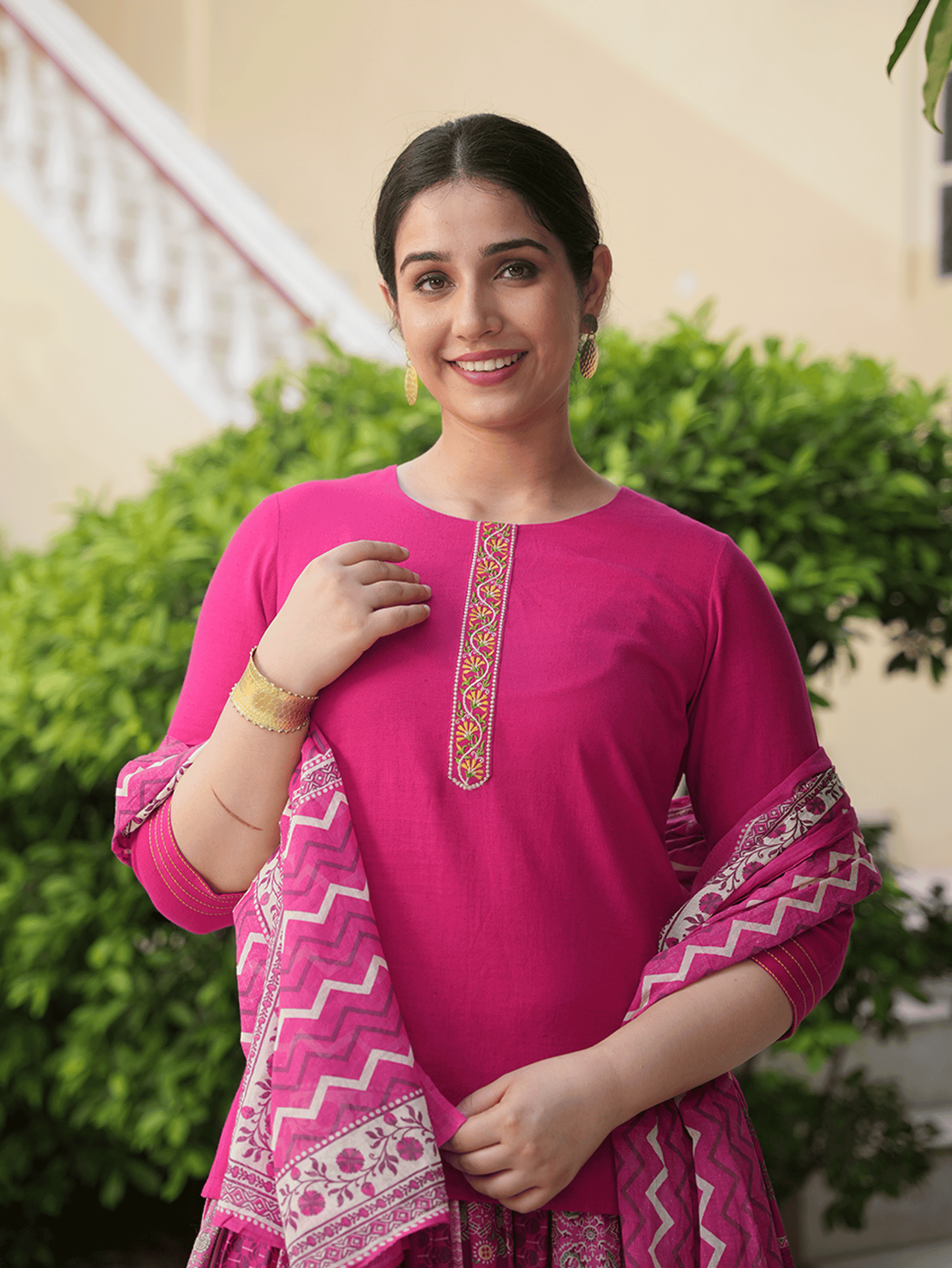 Embroidered Soft Cotton Solid Royal Pink Kurti