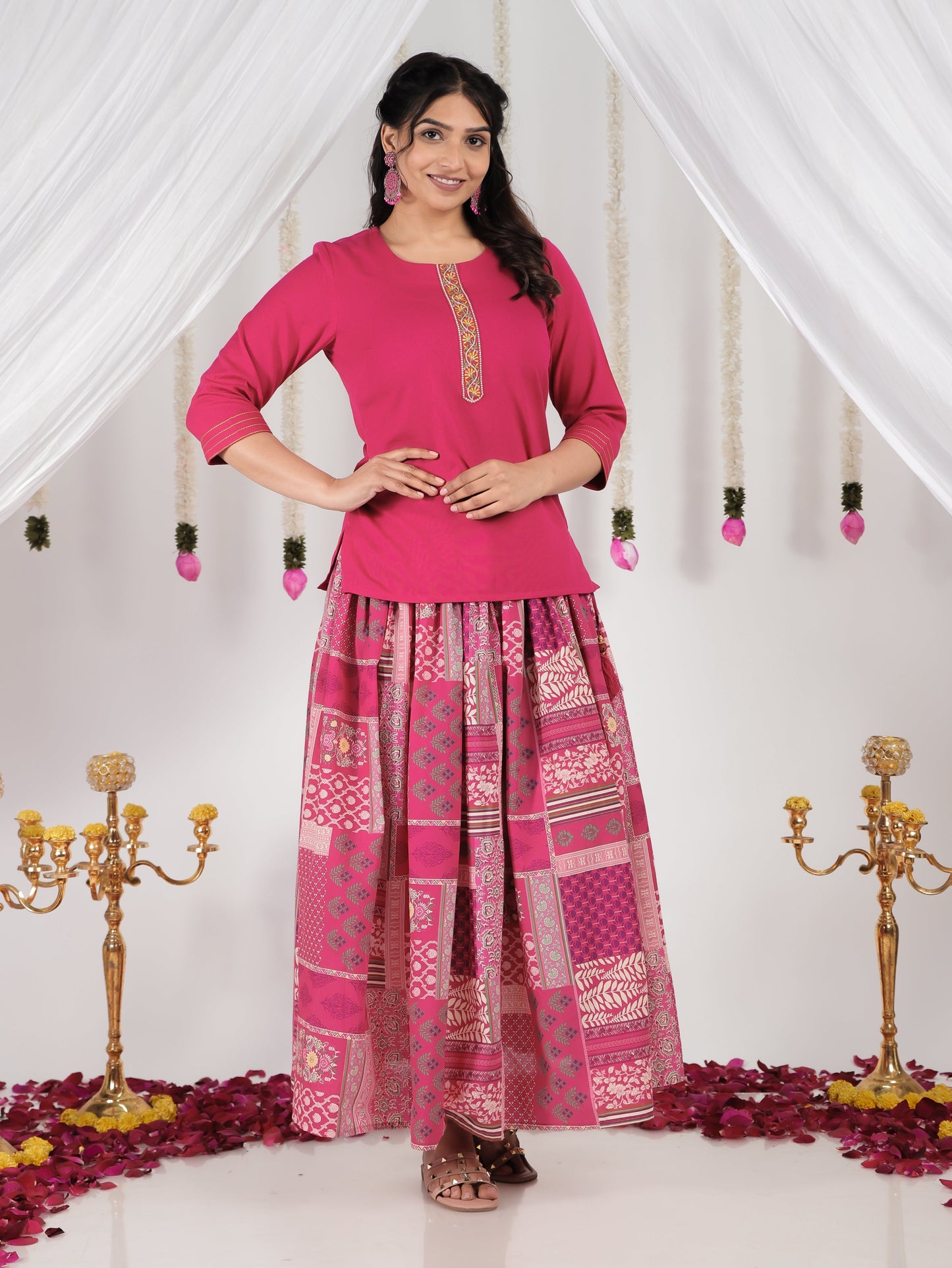 Embroidered Soft Cotton Solid Royal Pink Kurti