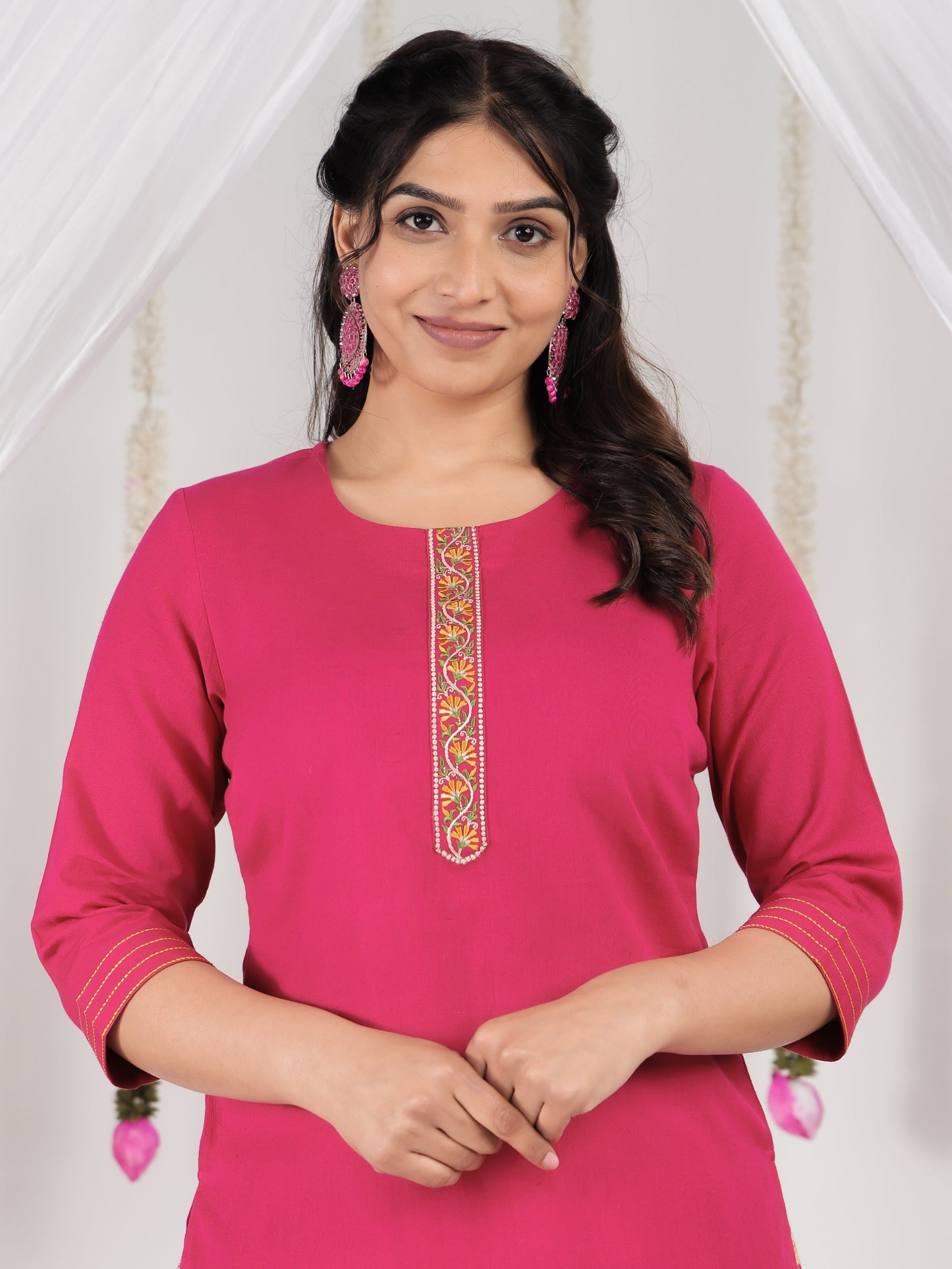 Embroidered Soft Cotton Solid Royal Pink Kurti