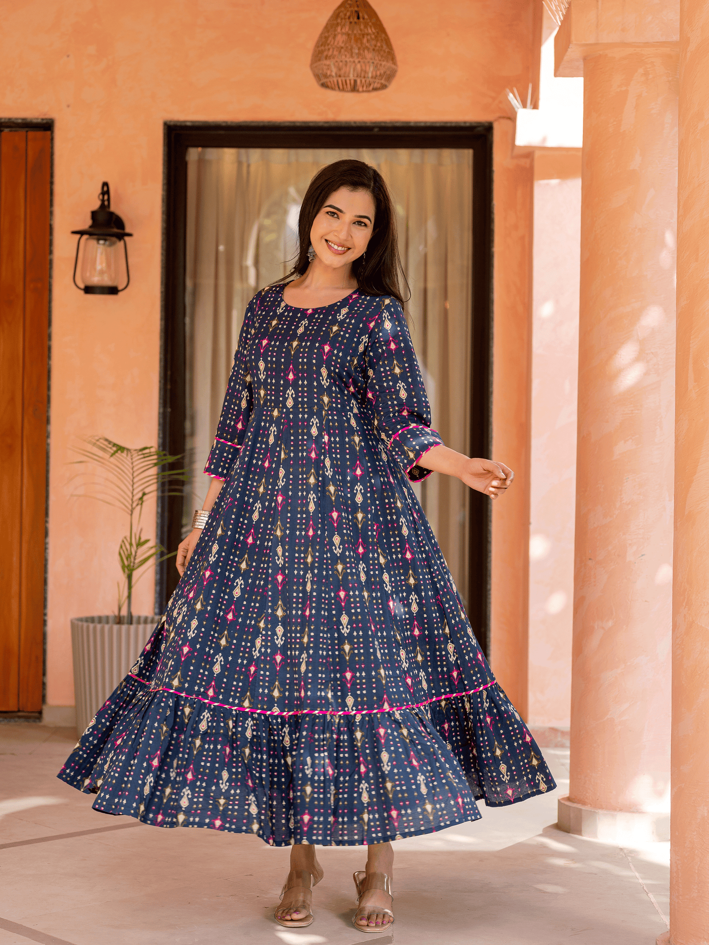 Soft Cotton Ikat Anarkali Blue Dress