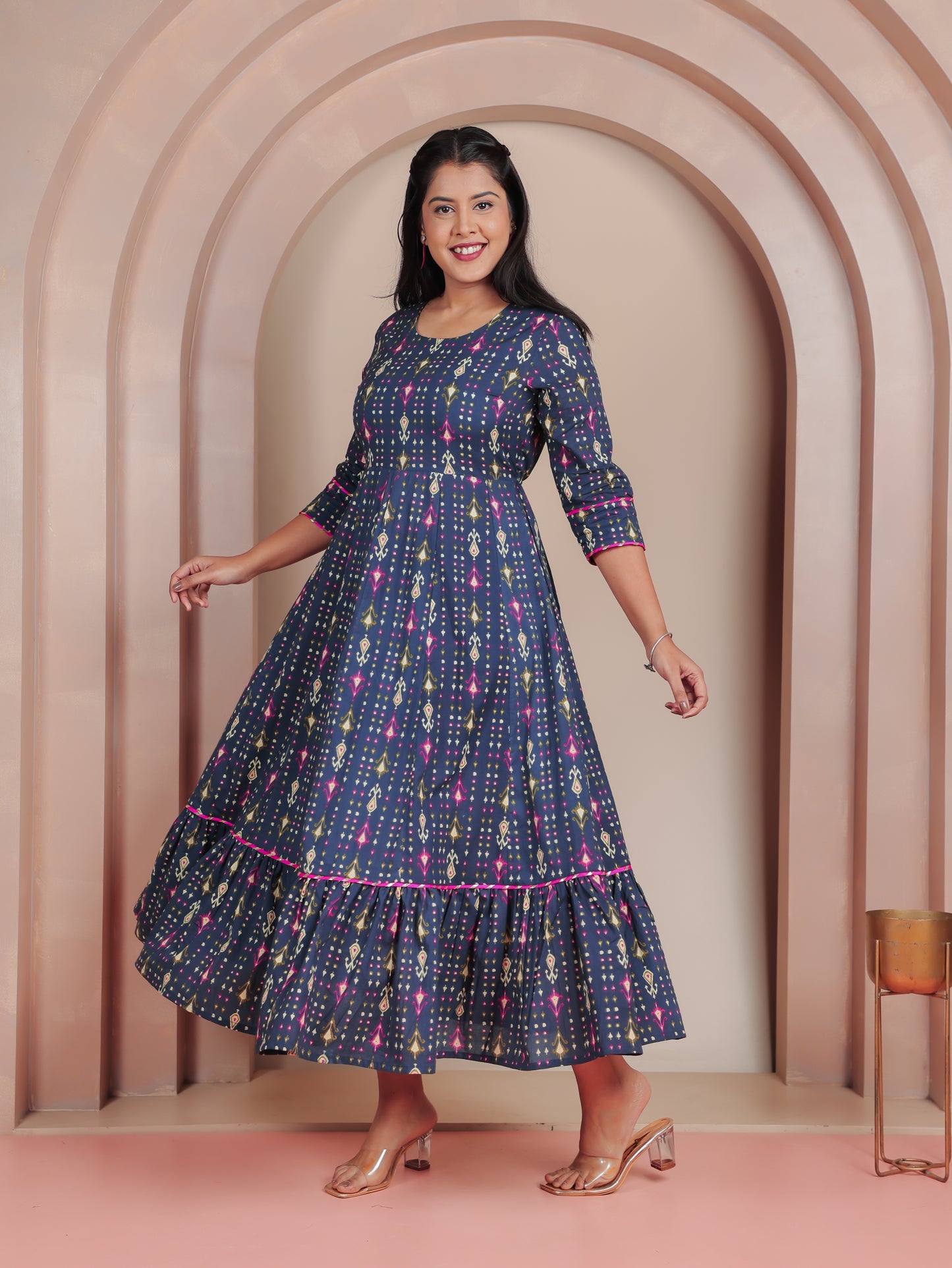 Soft Cotton Ikat Anarkali Blue Dress