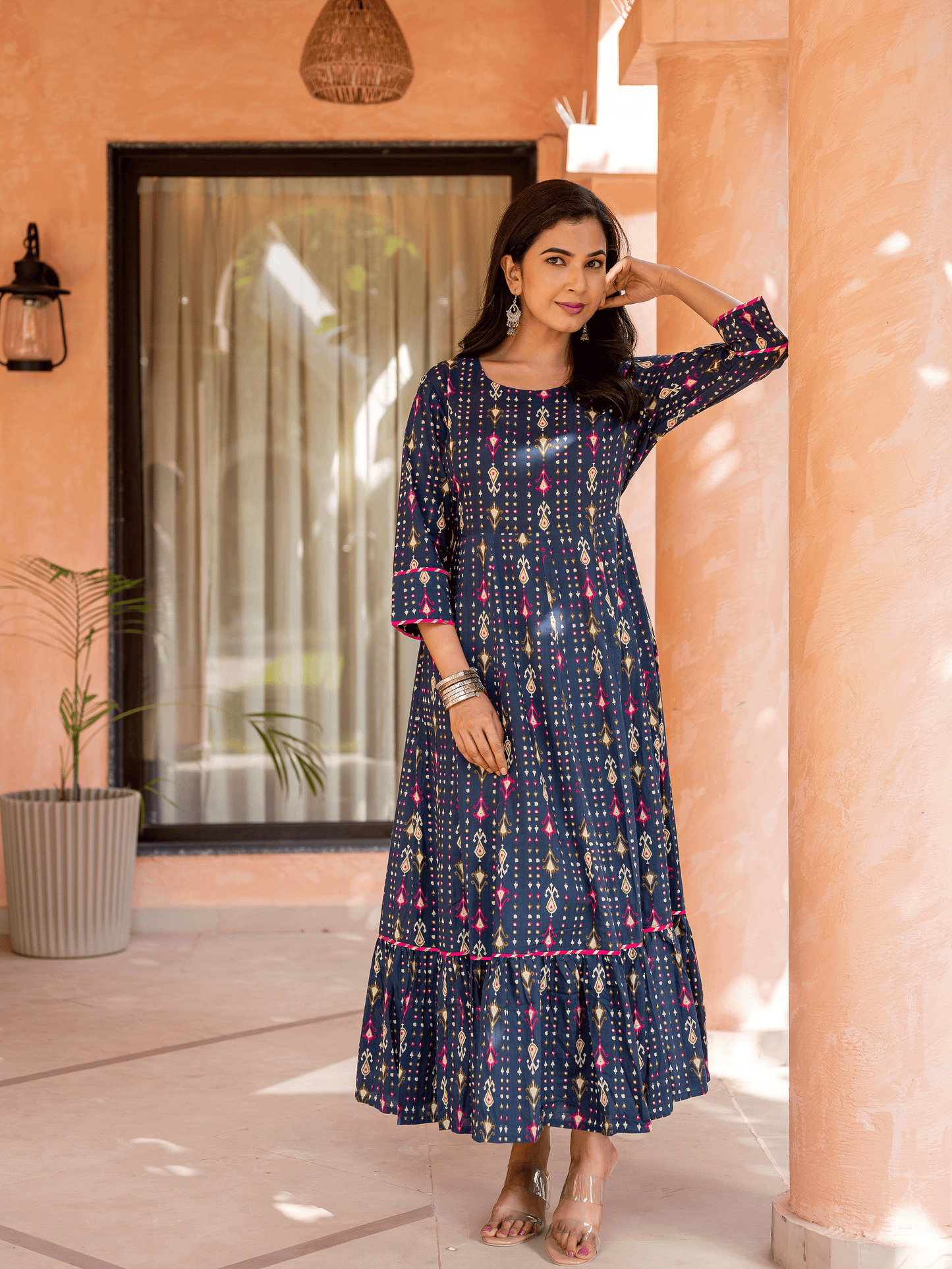 Soft Cotton Ikat Anarkali Blue Dress