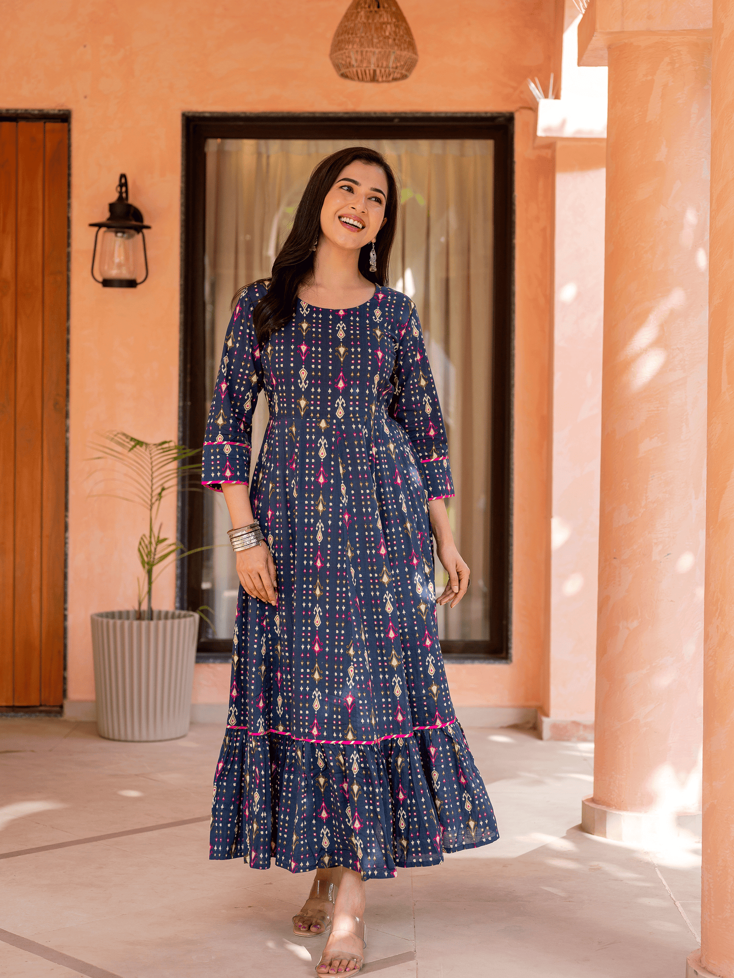 Soft Cotton Ikat Anarkali Blue Dress
