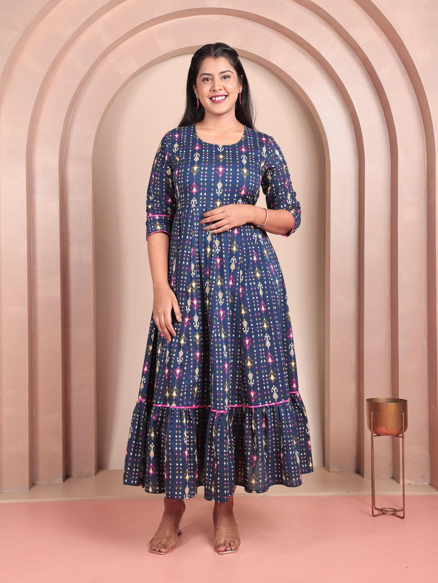 Soft Cotton Ikat Anarkali Blue Dress