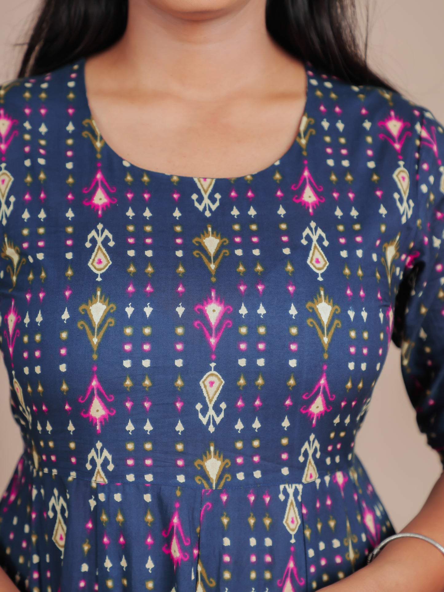 Soft Cotton Ikat Anarkali Blue Dress
