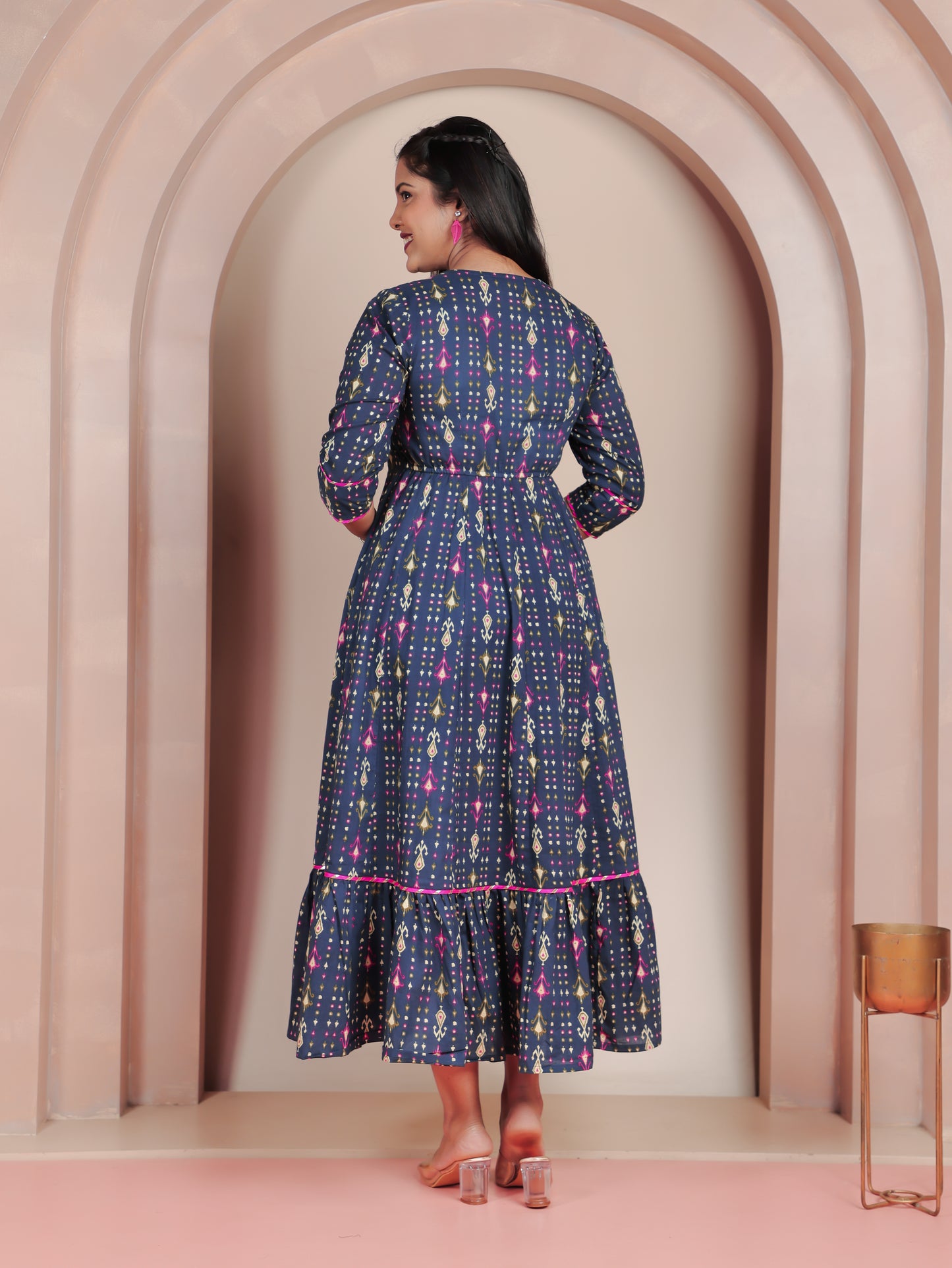 Soft Cotton Ikat Anarkali Blue Dress