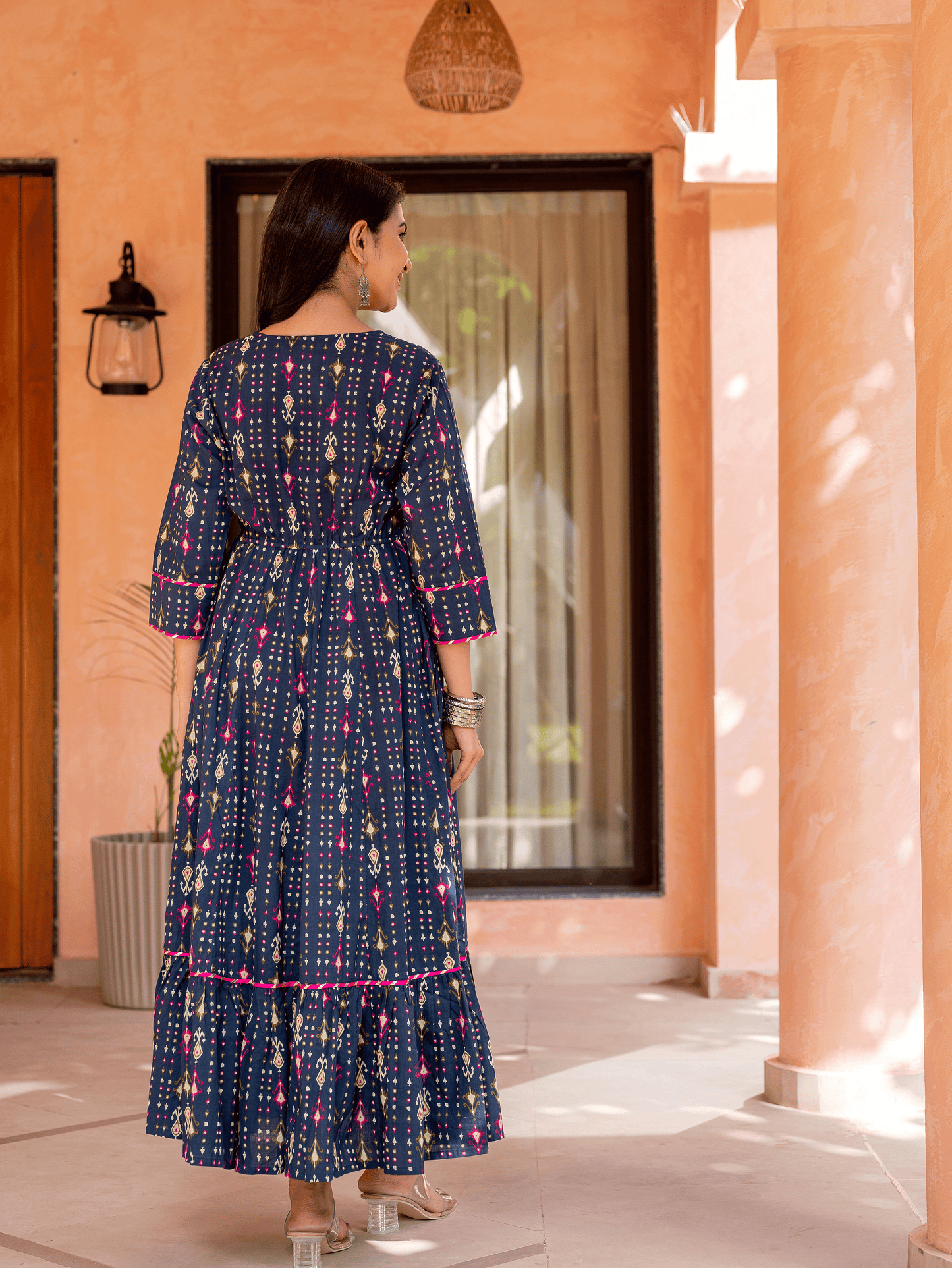 Soft Cotton Ikat Anarkali Blue Dress