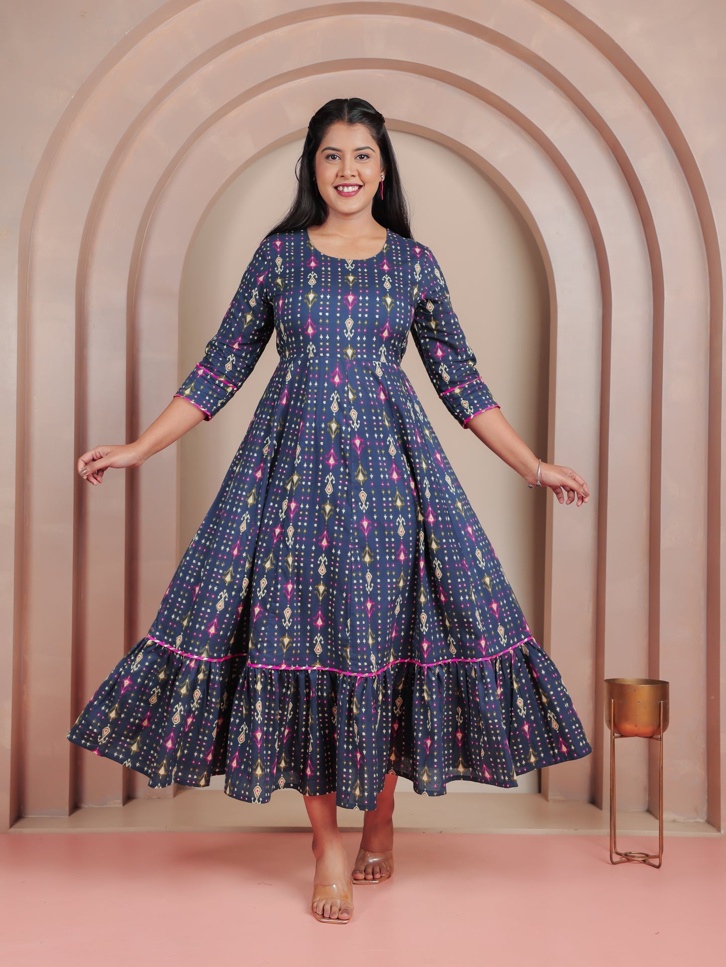 Soft Cotton Ikat Anarkali Blue Dress