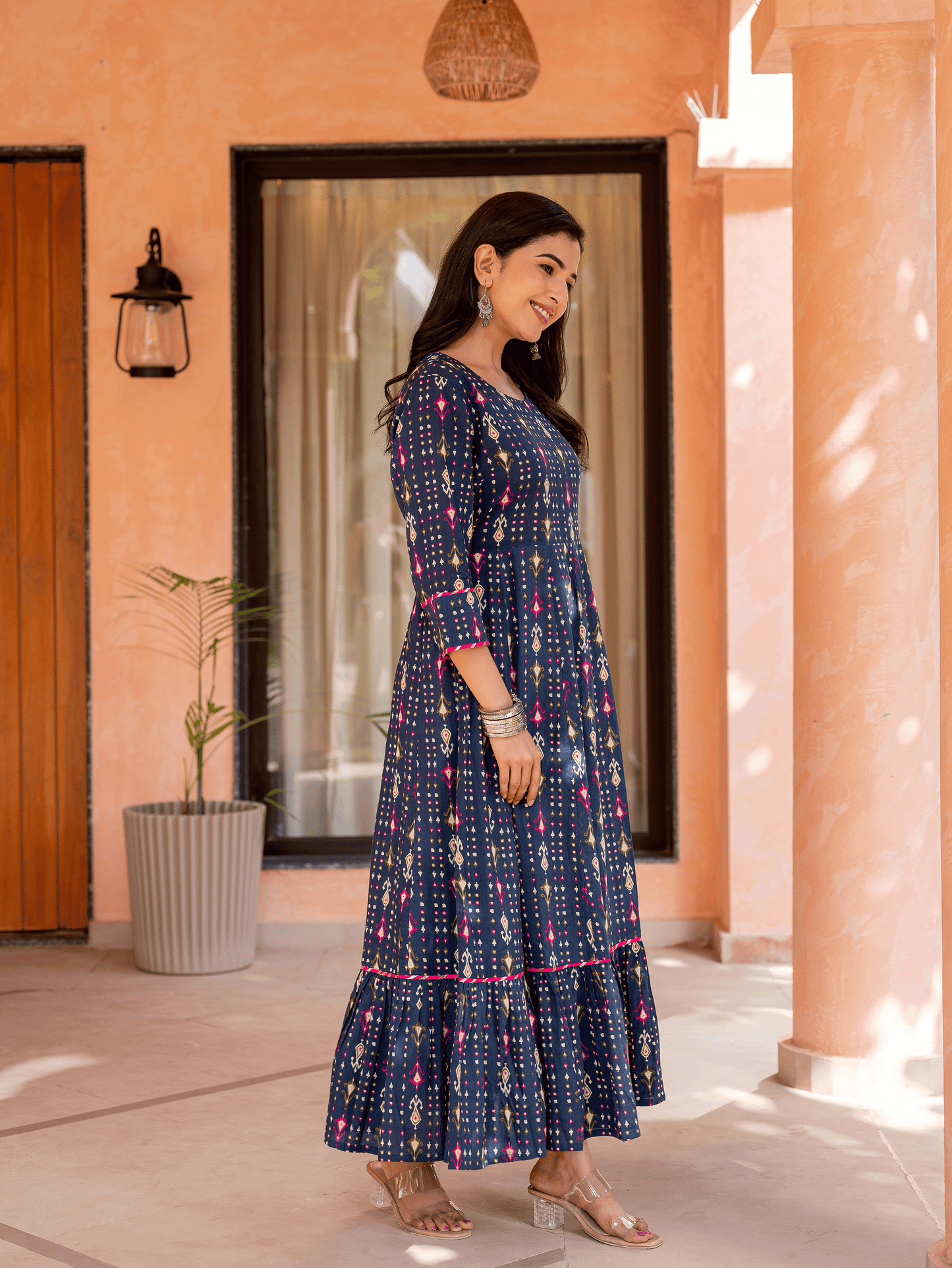 Soft Cotton Ikat Anarkali Blue Dress