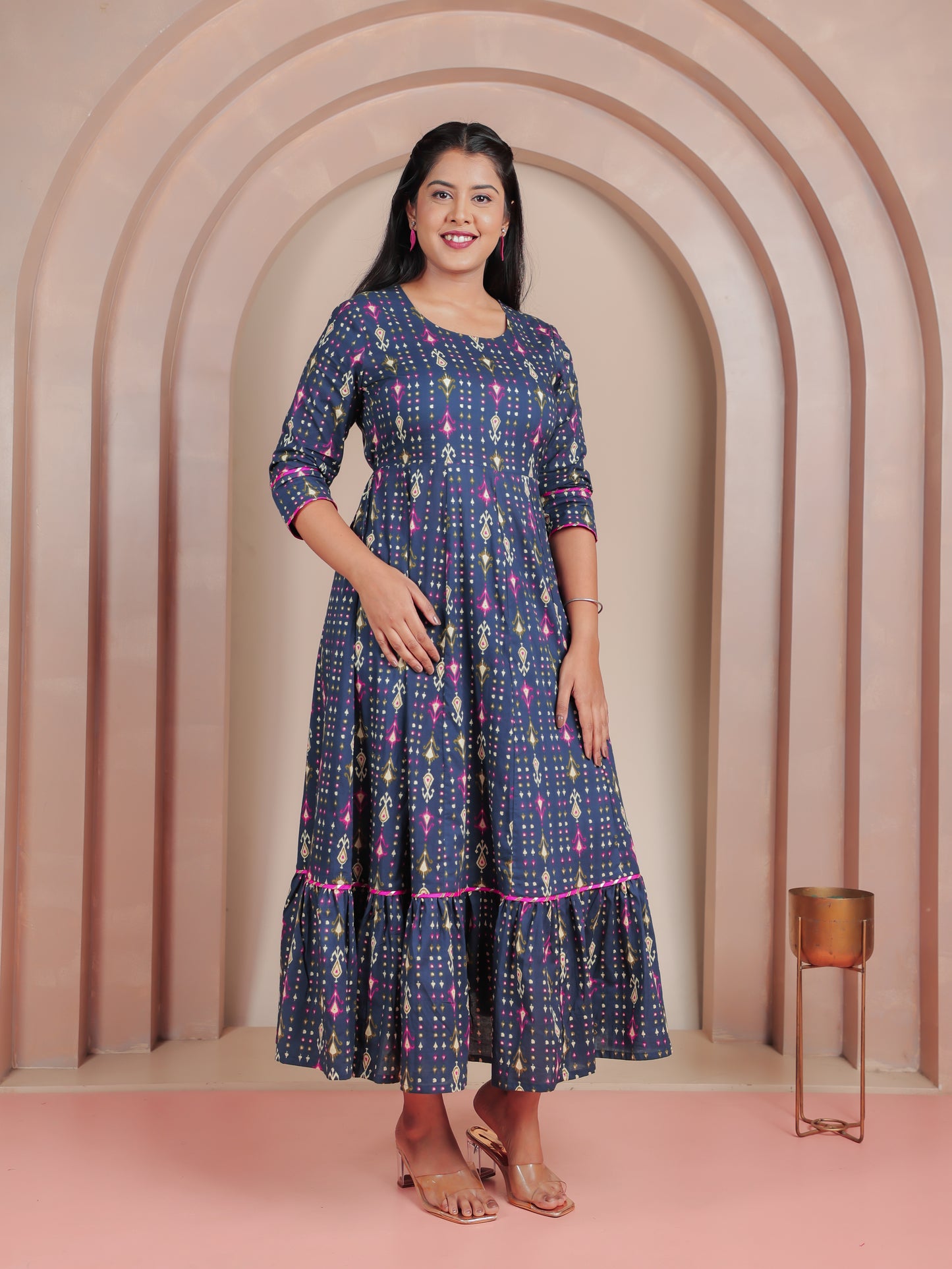 Soft Cotton Ikat Anarkali Blue Dress