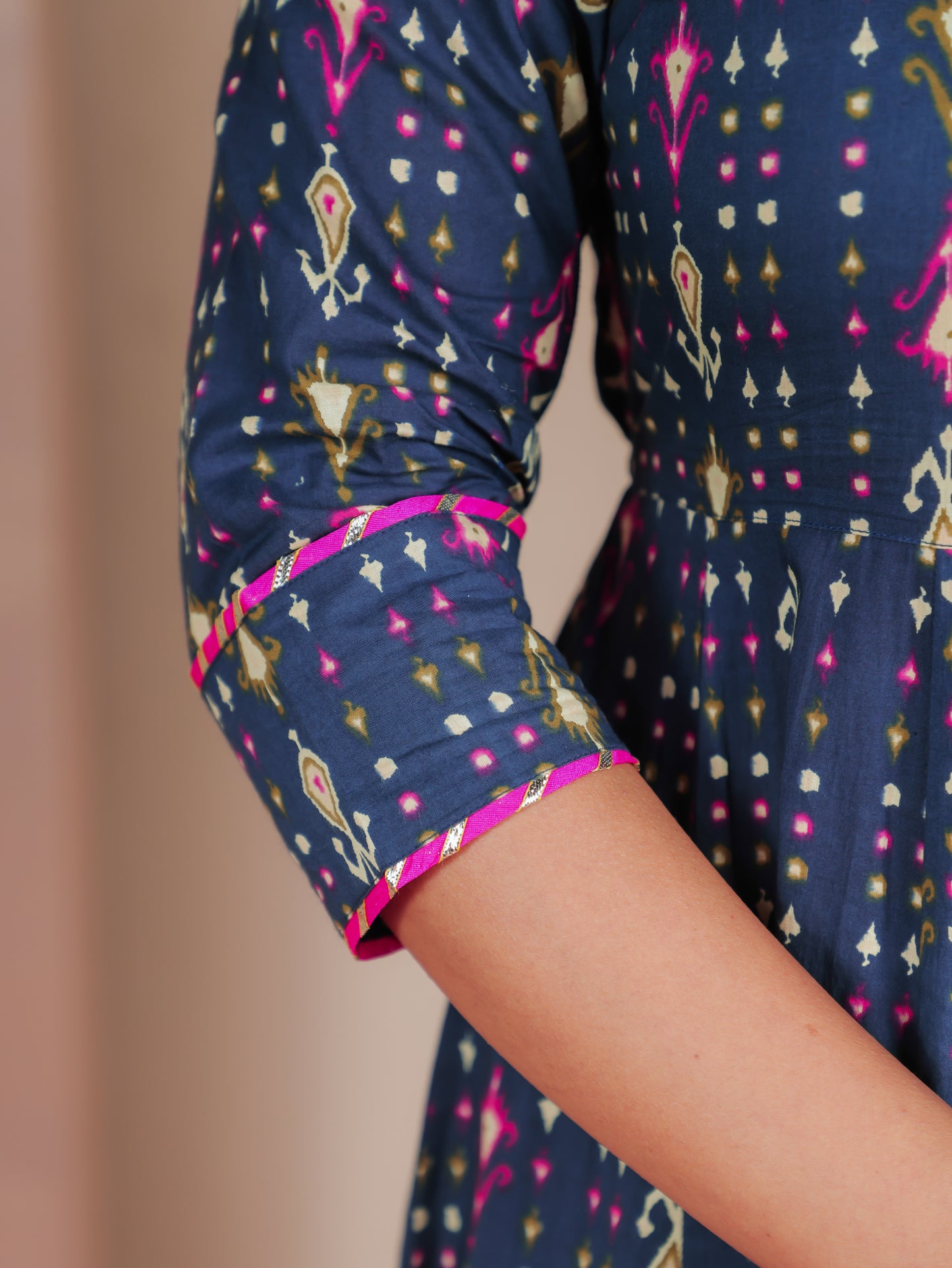 Soft Cotton Ikat Anarkali Blue Dress
