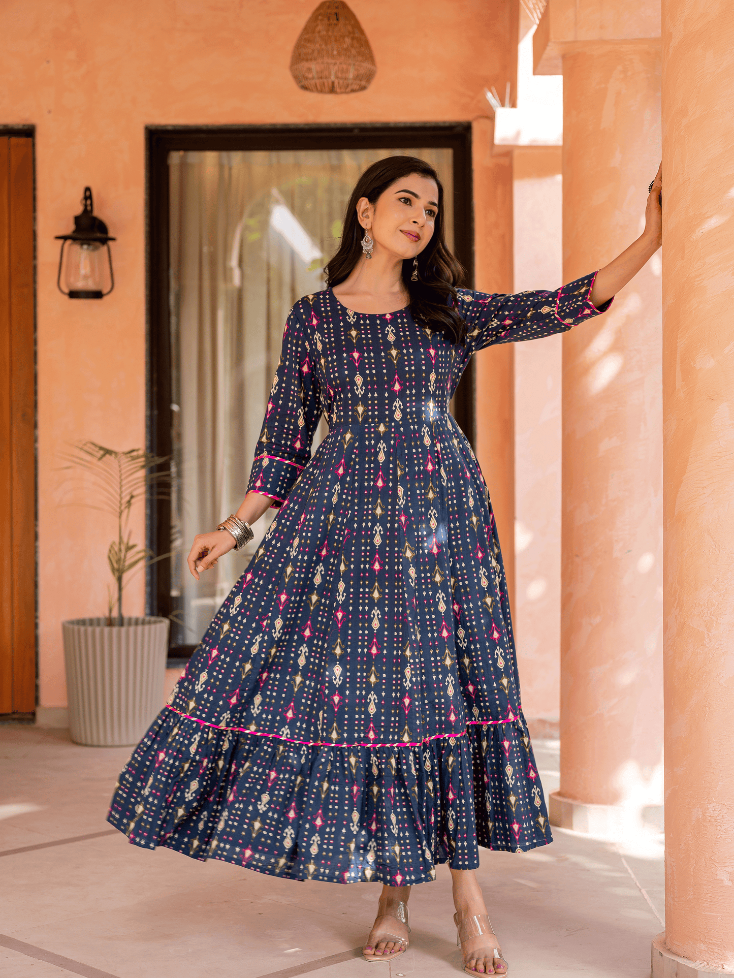 Soft Cotton Ikat Anarkali Blue Dress