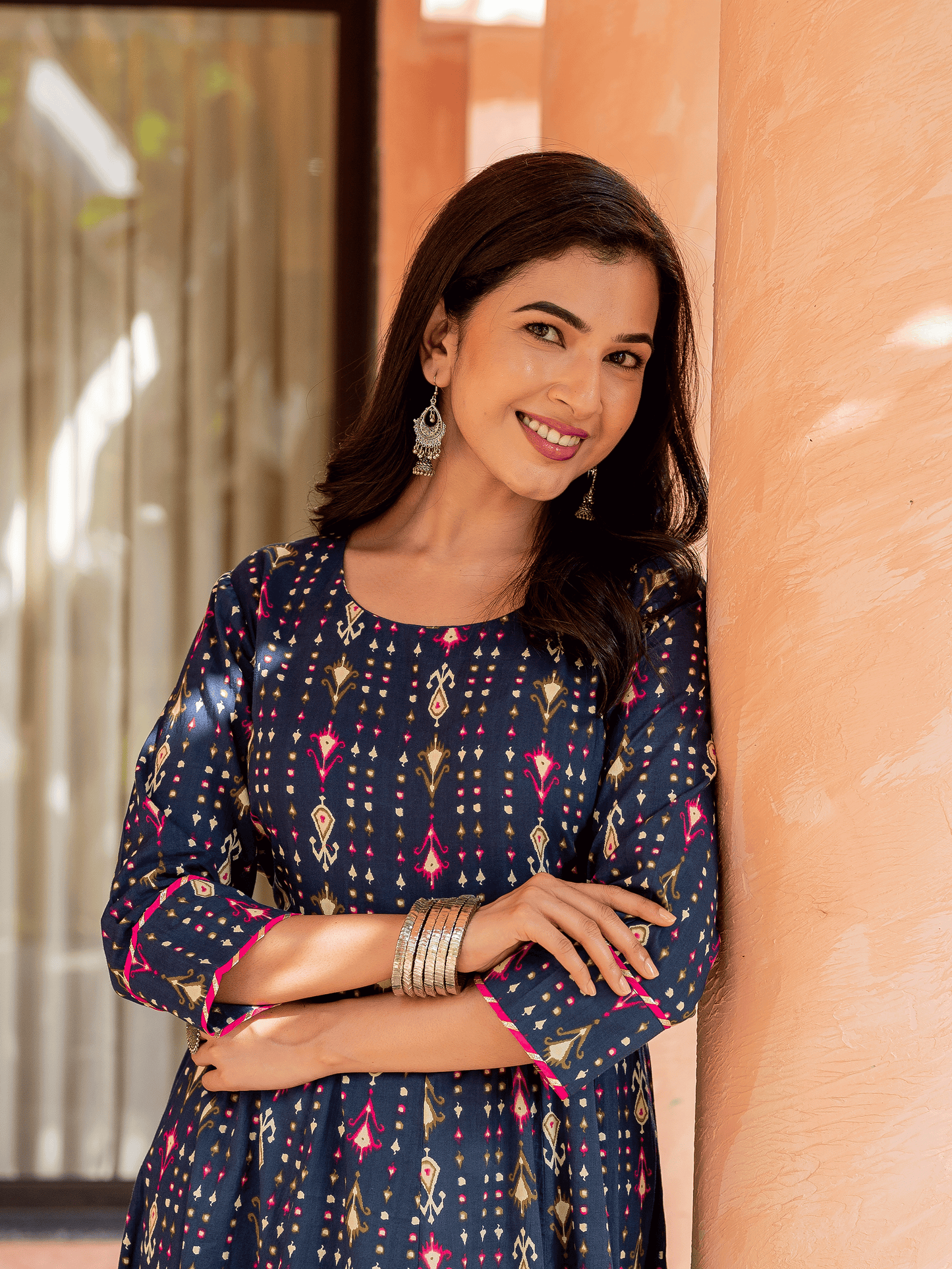 Soft Cotton Ikat Anarkali Blue Dress