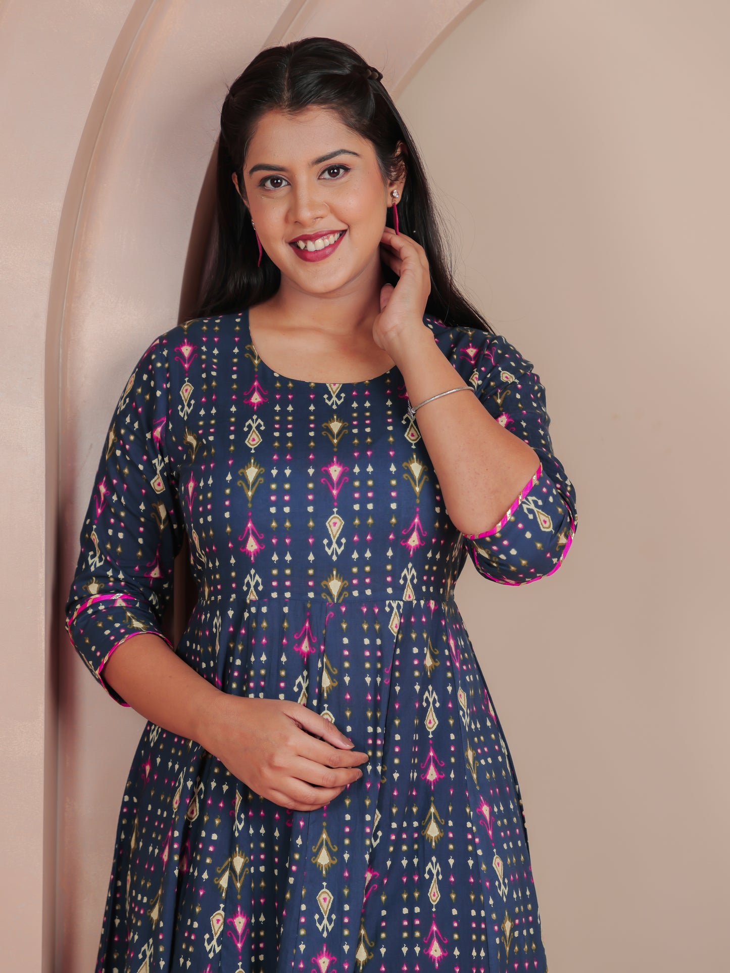Soft Cotton Ikat Anarkali Blue Dress