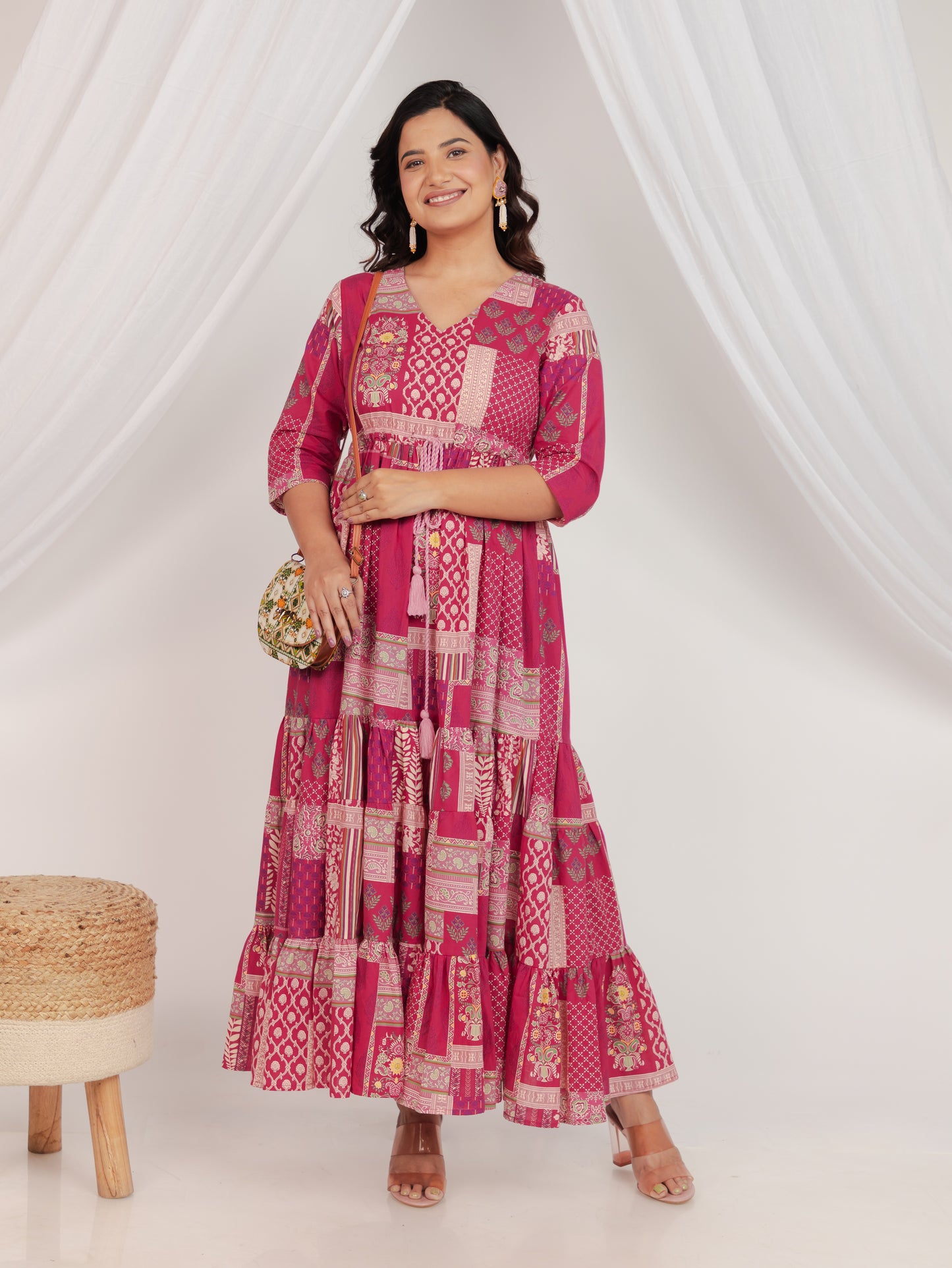 Soft Cotton Patchwork Tiered and Flared Pink Dress