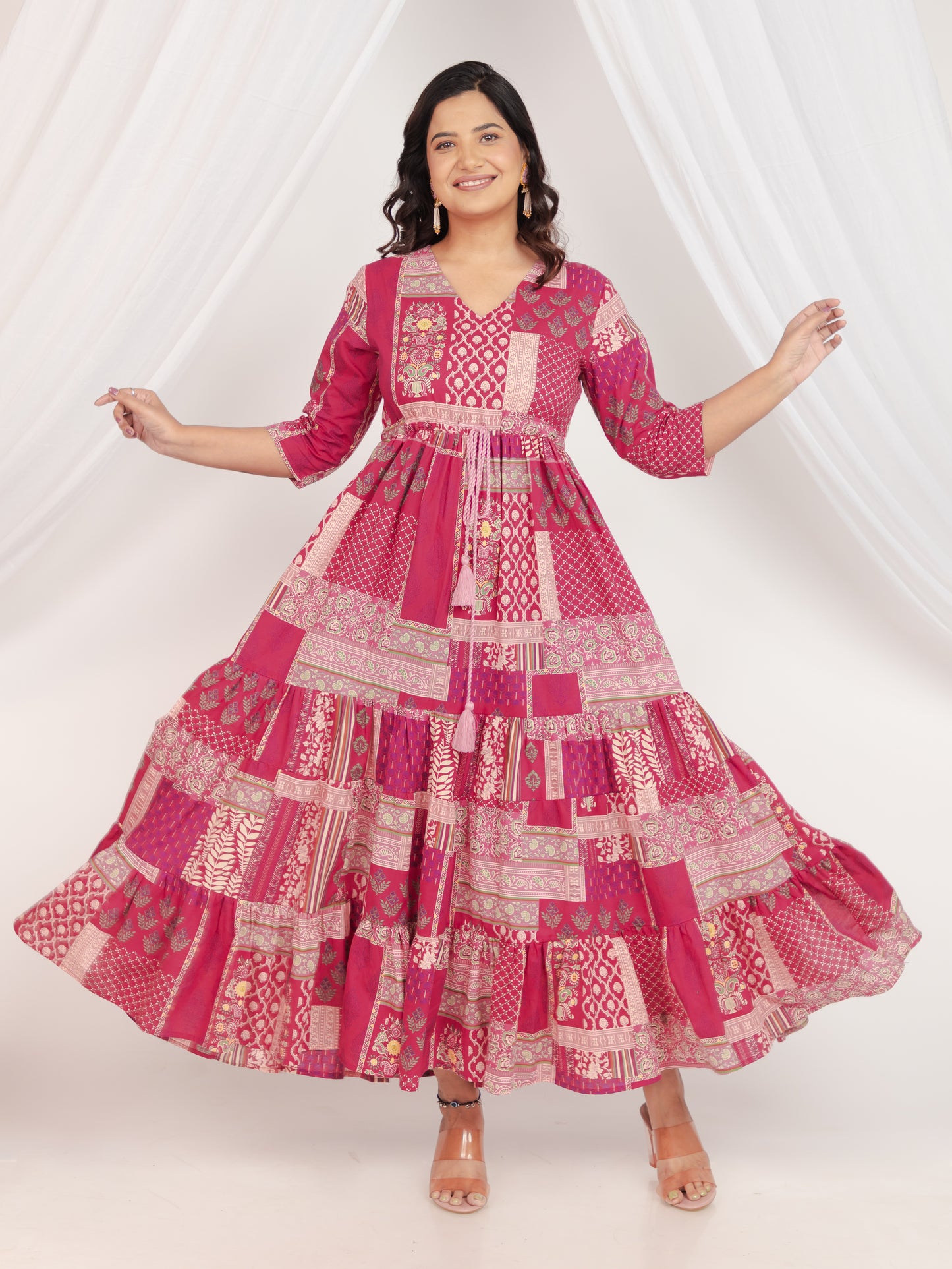 Soft Cotton Patchwork Tiered and Flared Pink Dress