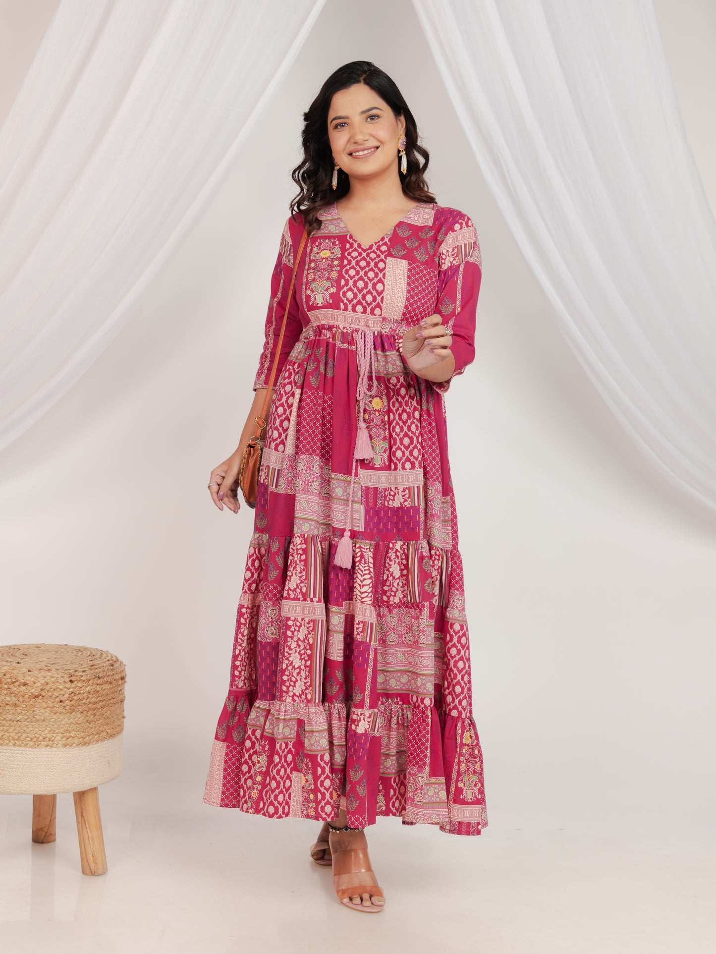 Soft Cotton Patchwork Tiered and Flared Pink Dress