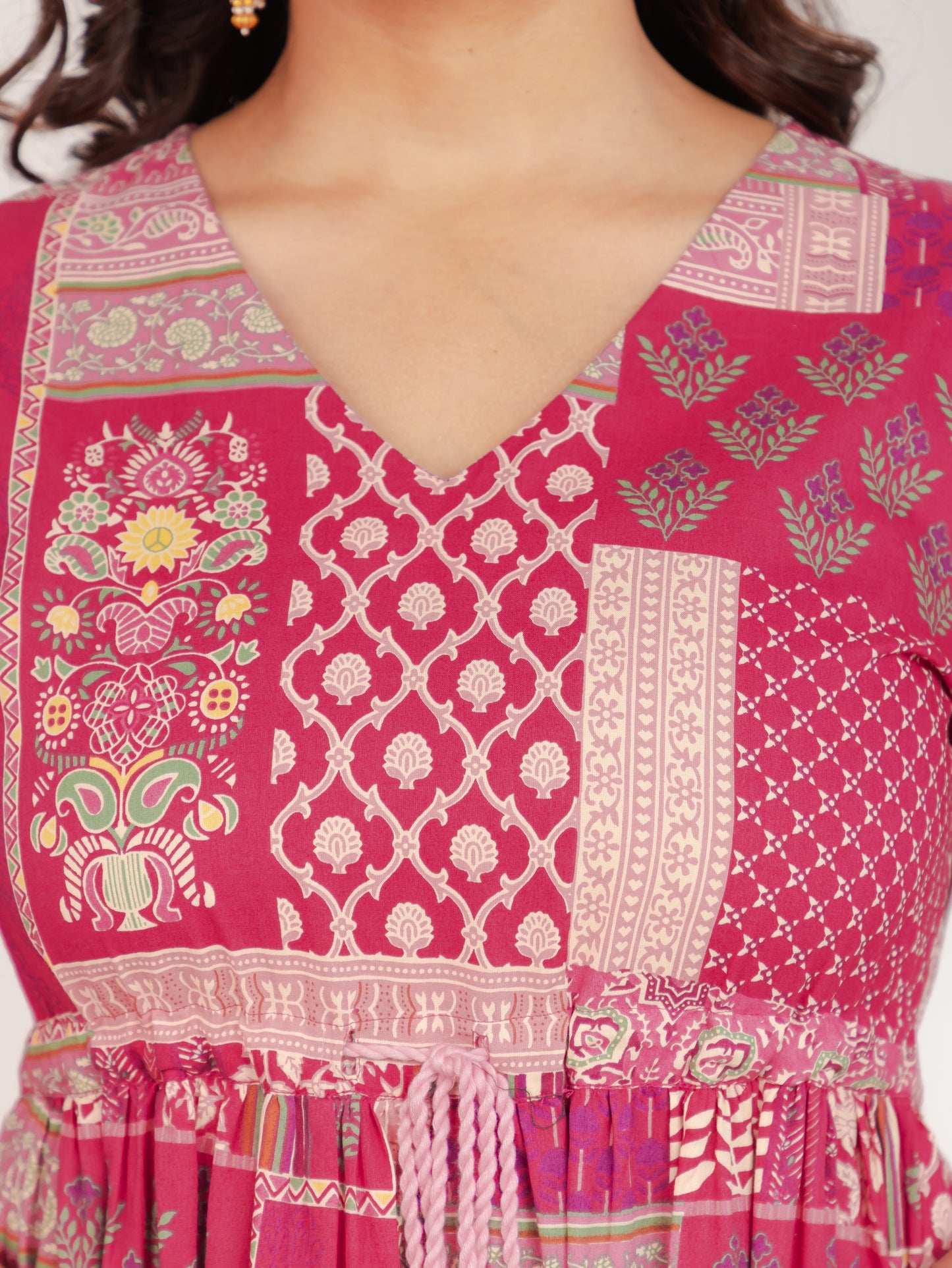 Soft Cotton Patchwork Tiered and Flared Pink Dress