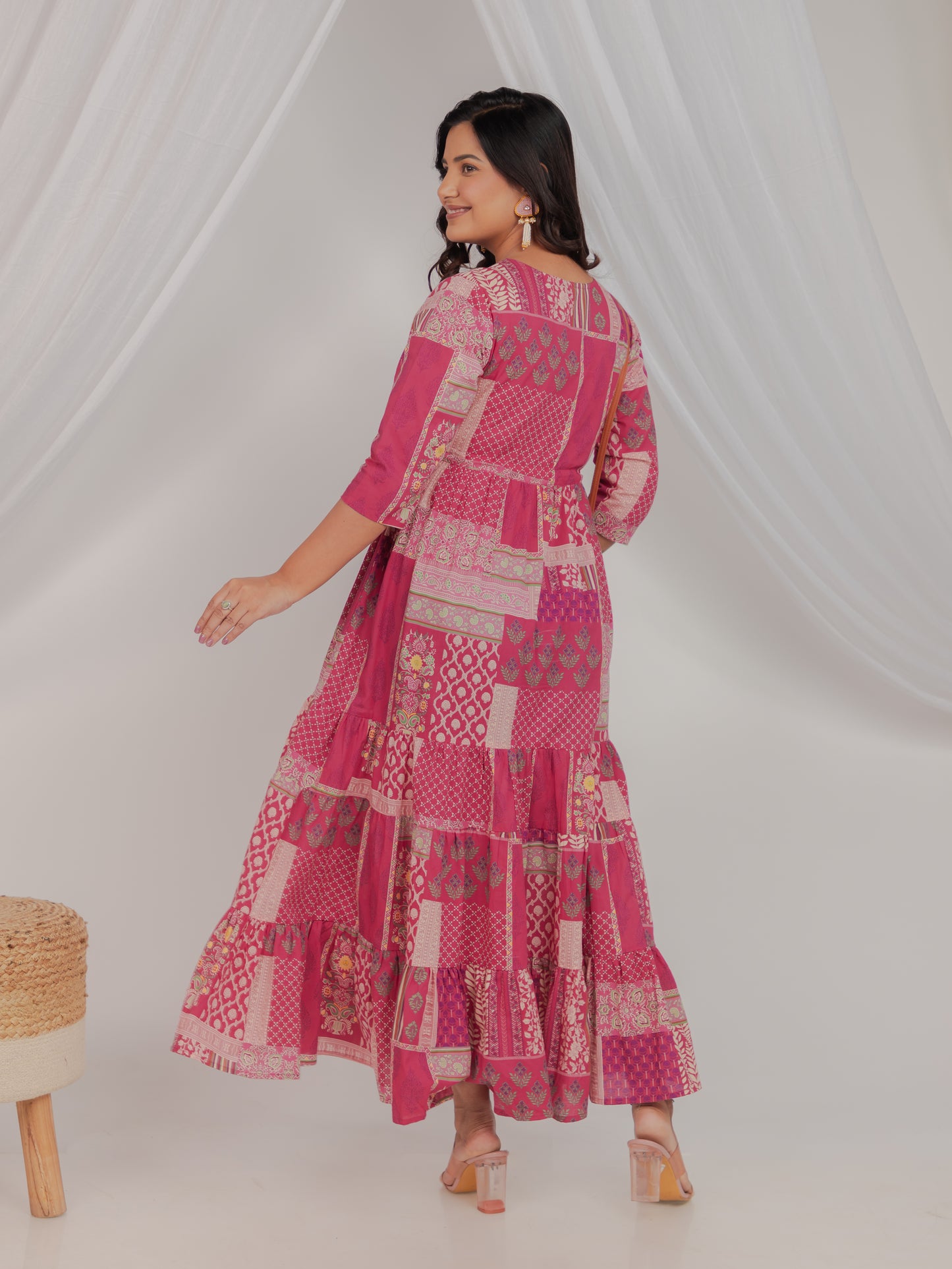Soft Cotton Patchwork Tiered and Flared Pink Dress