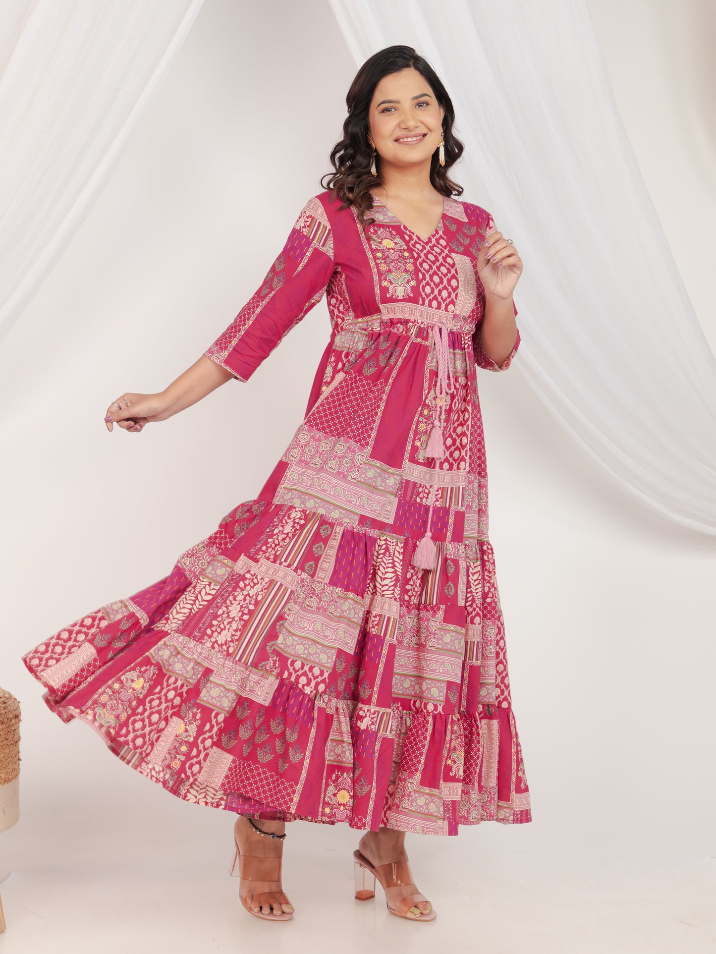 Soft Cotton Patchwork Tiered and Flared Pink Dress