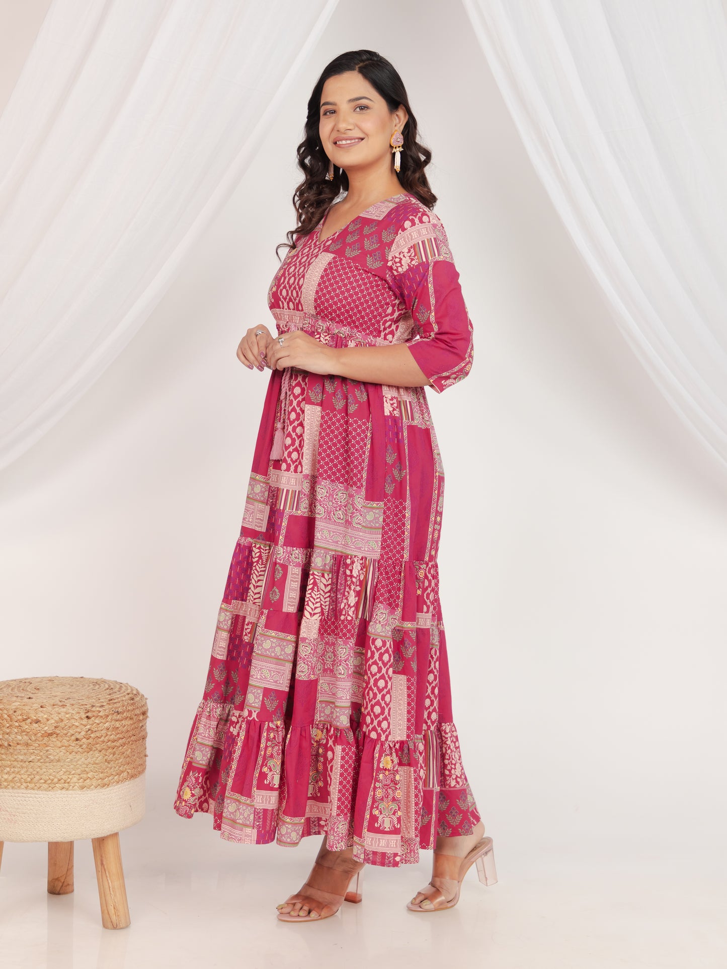 Soft Cotton Patchwork Tiered and Flared Pink Dress