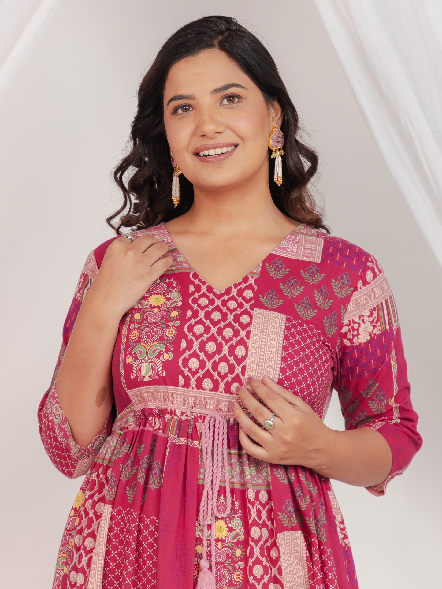Soft Cotton Patchwork Tiered and Flared Pink Dress