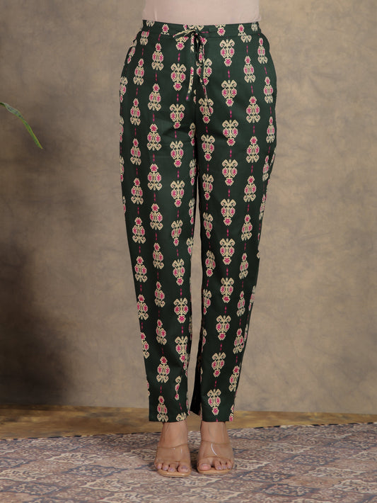 Soft Cotton Ikat Green Tapered Trousers
