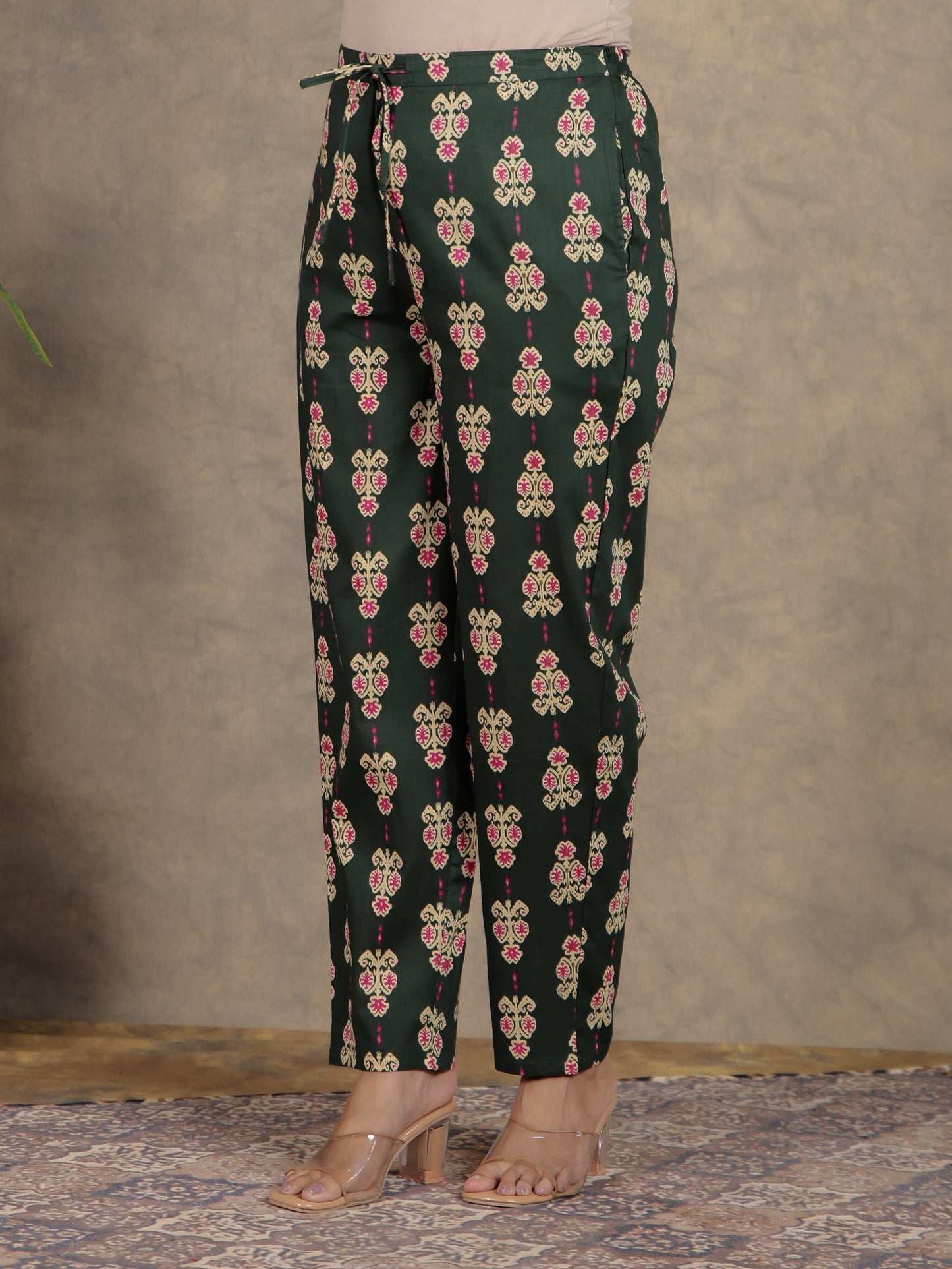 Soft Cotton Ikat Green Tapered Trousers