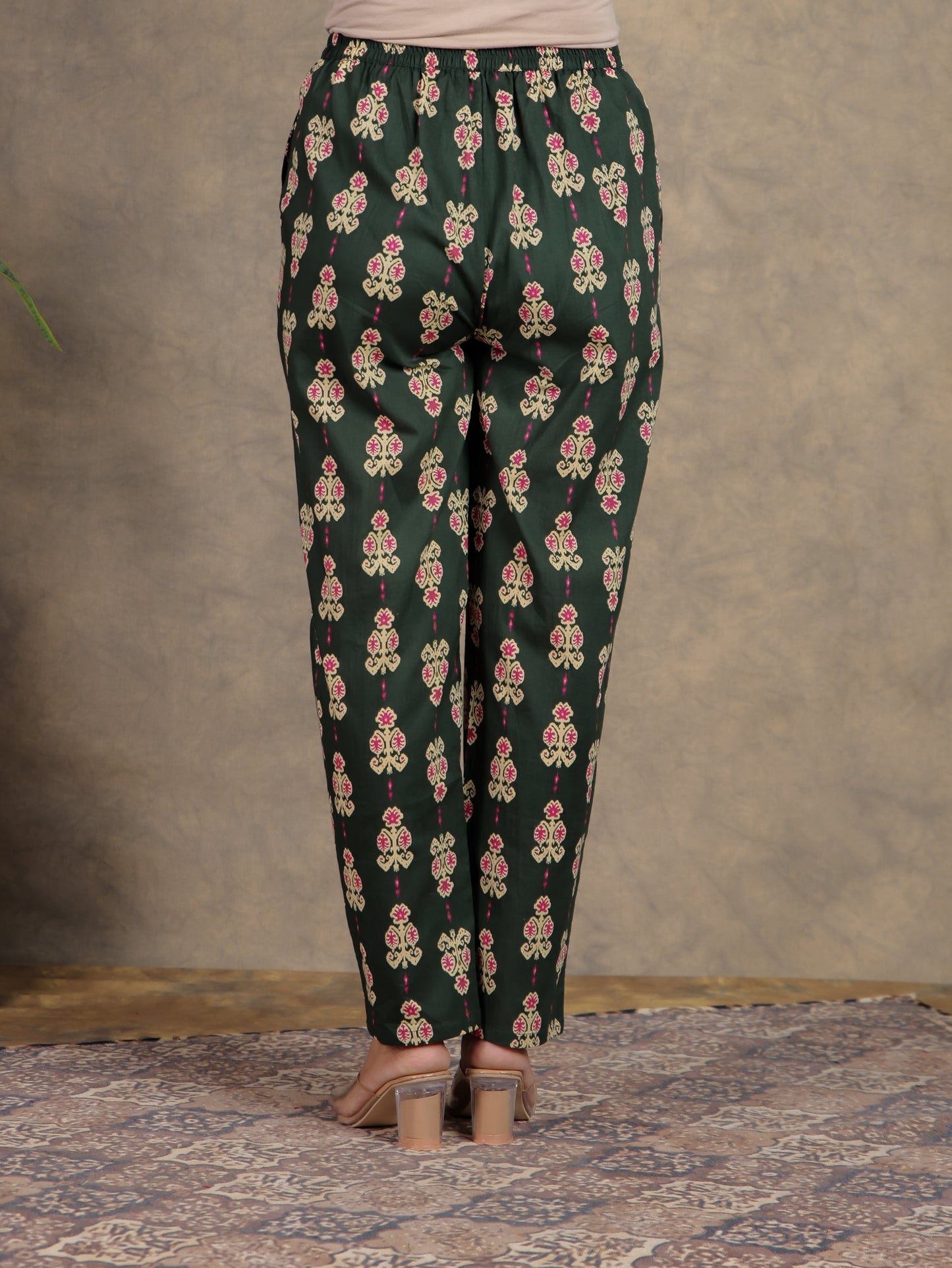 Soft Cotton Ikat Green Tapered Trousers