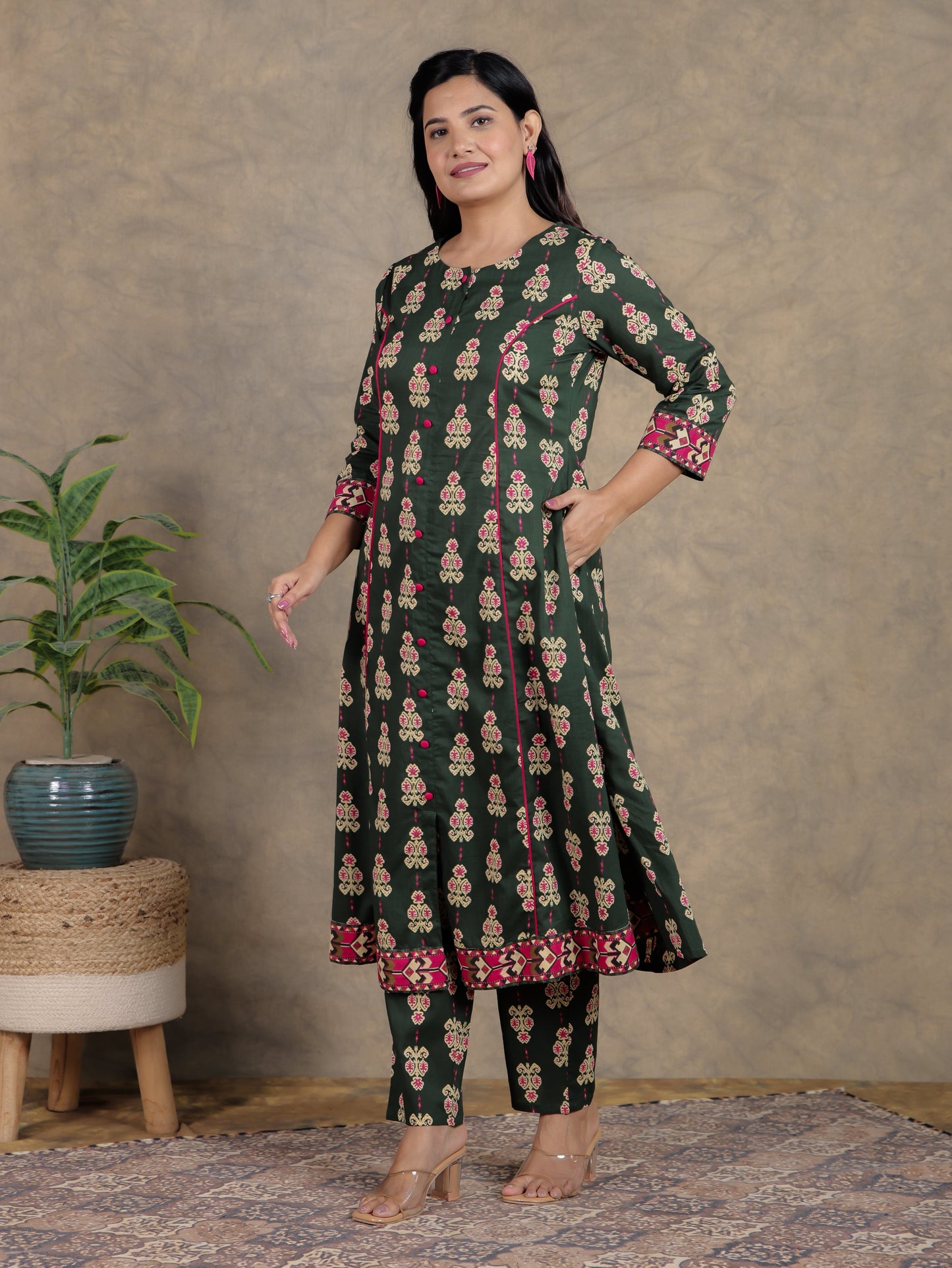 Soft Cotton Ikat A-line Green Kurta