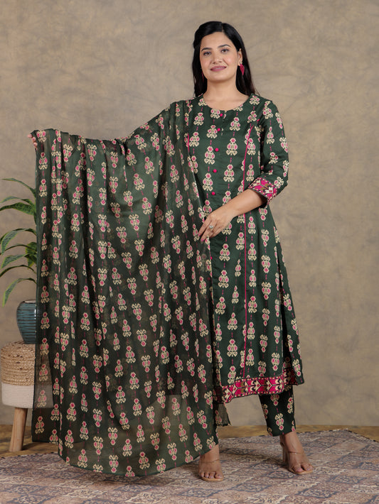 Soft Cotton Ikat A-line Green Kurta