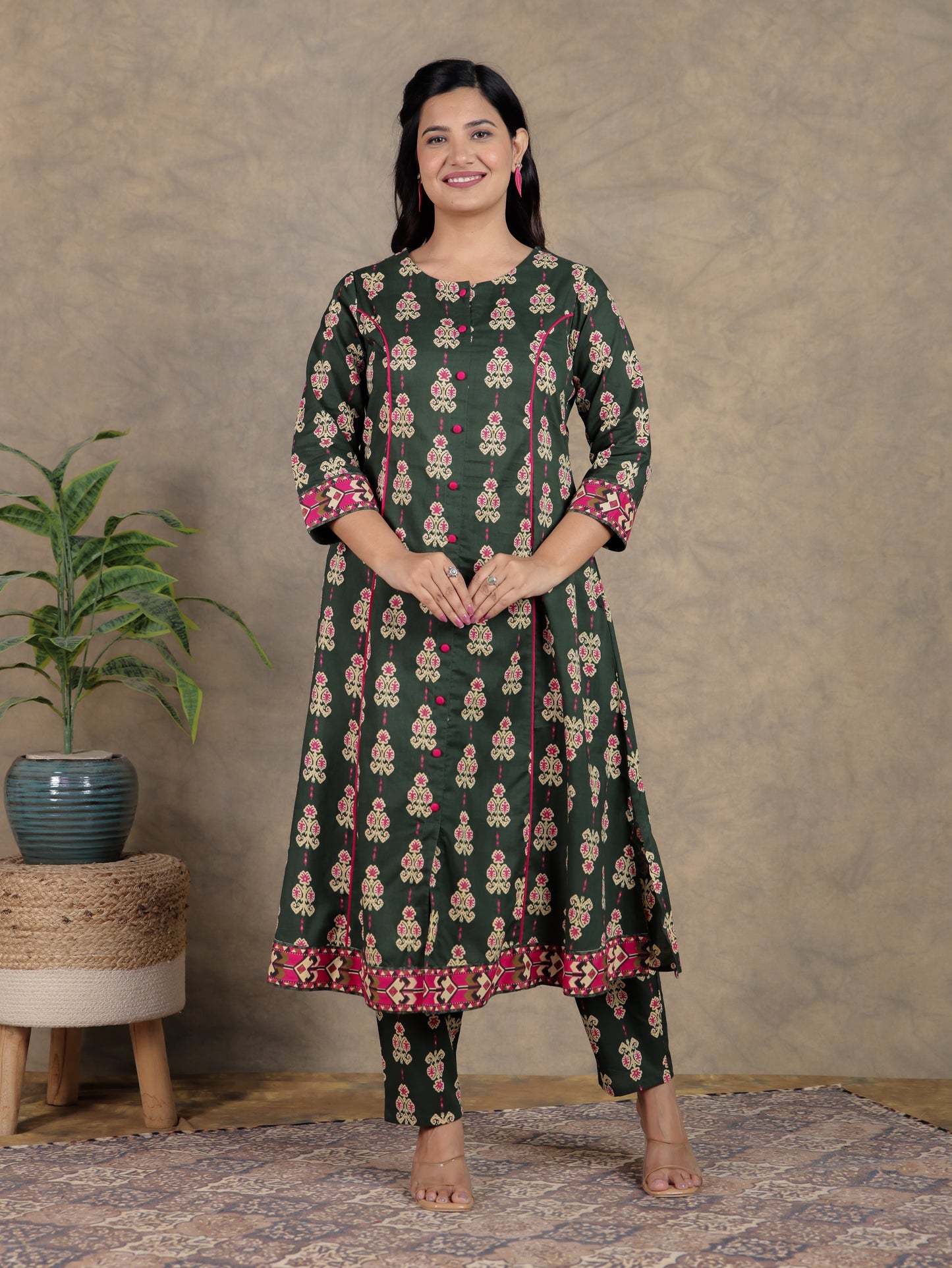 Soft Cotton Ikat A-line Green Kurta