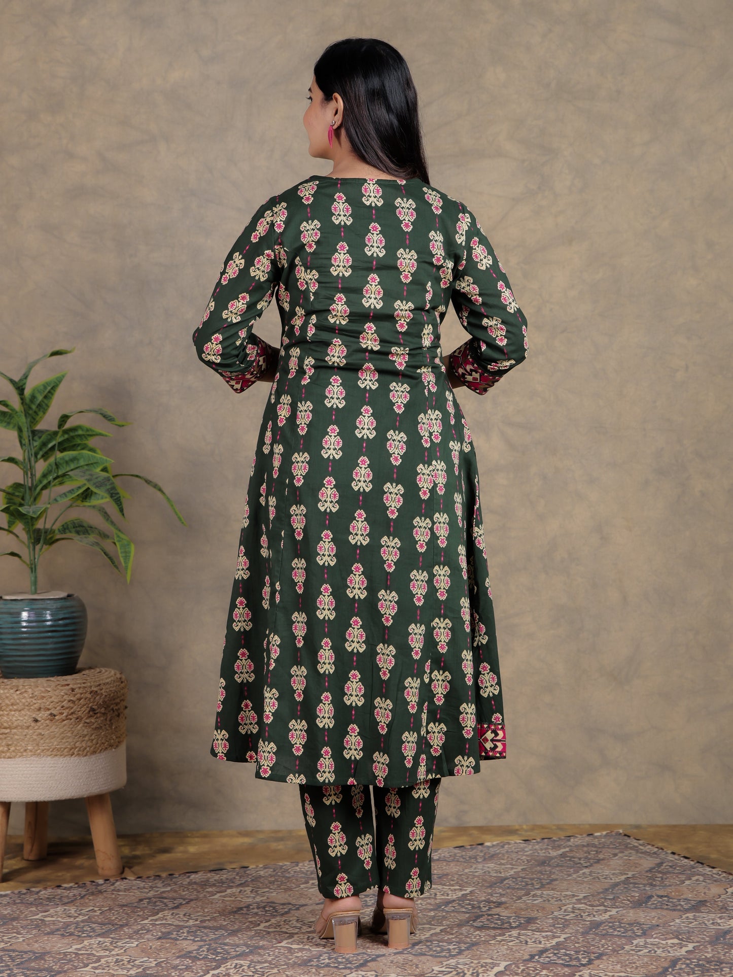 Soft Cotton Ikat A-line Green Kurta