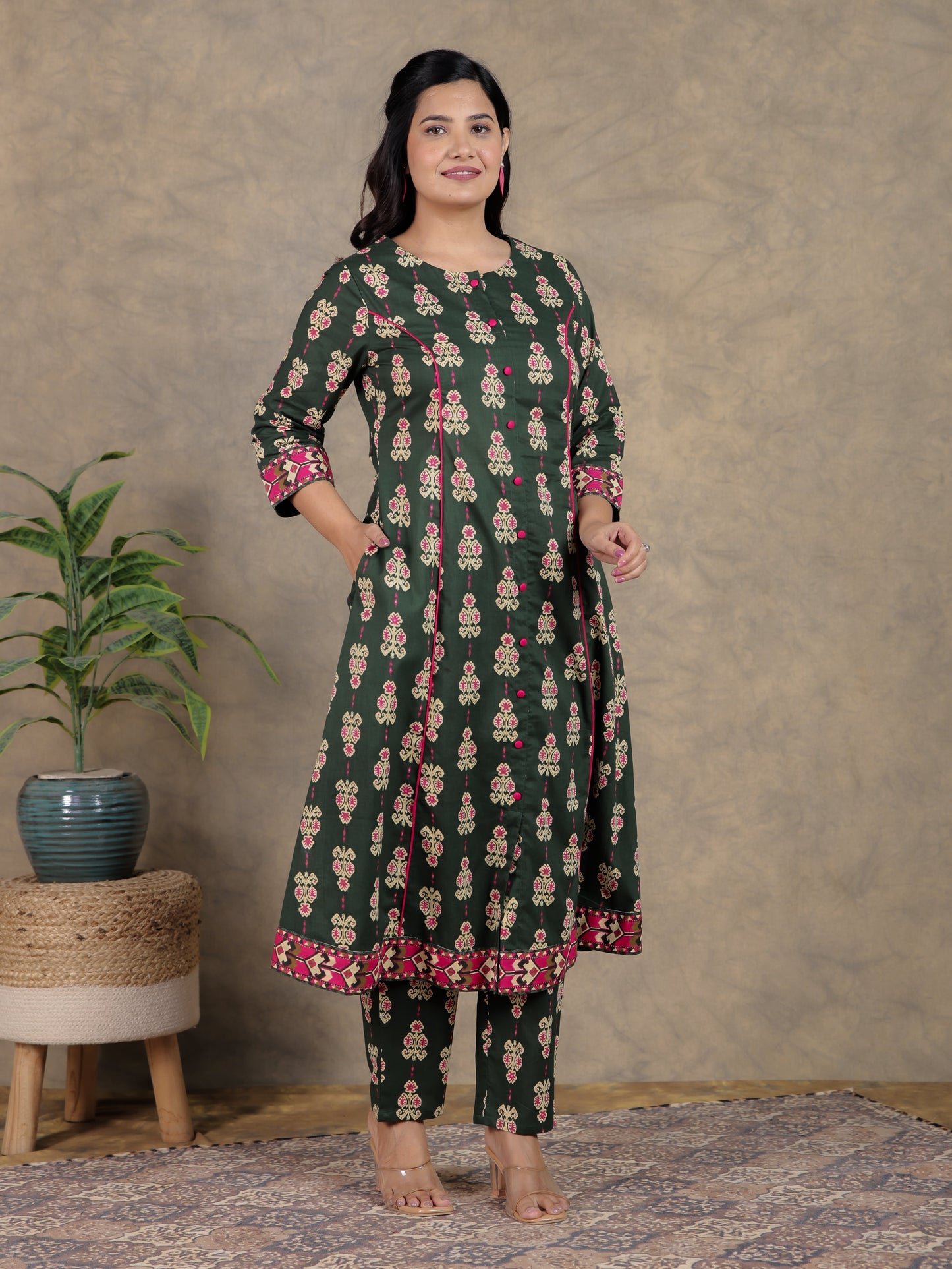 Soft Cotton Ikat A-line Green Kurta