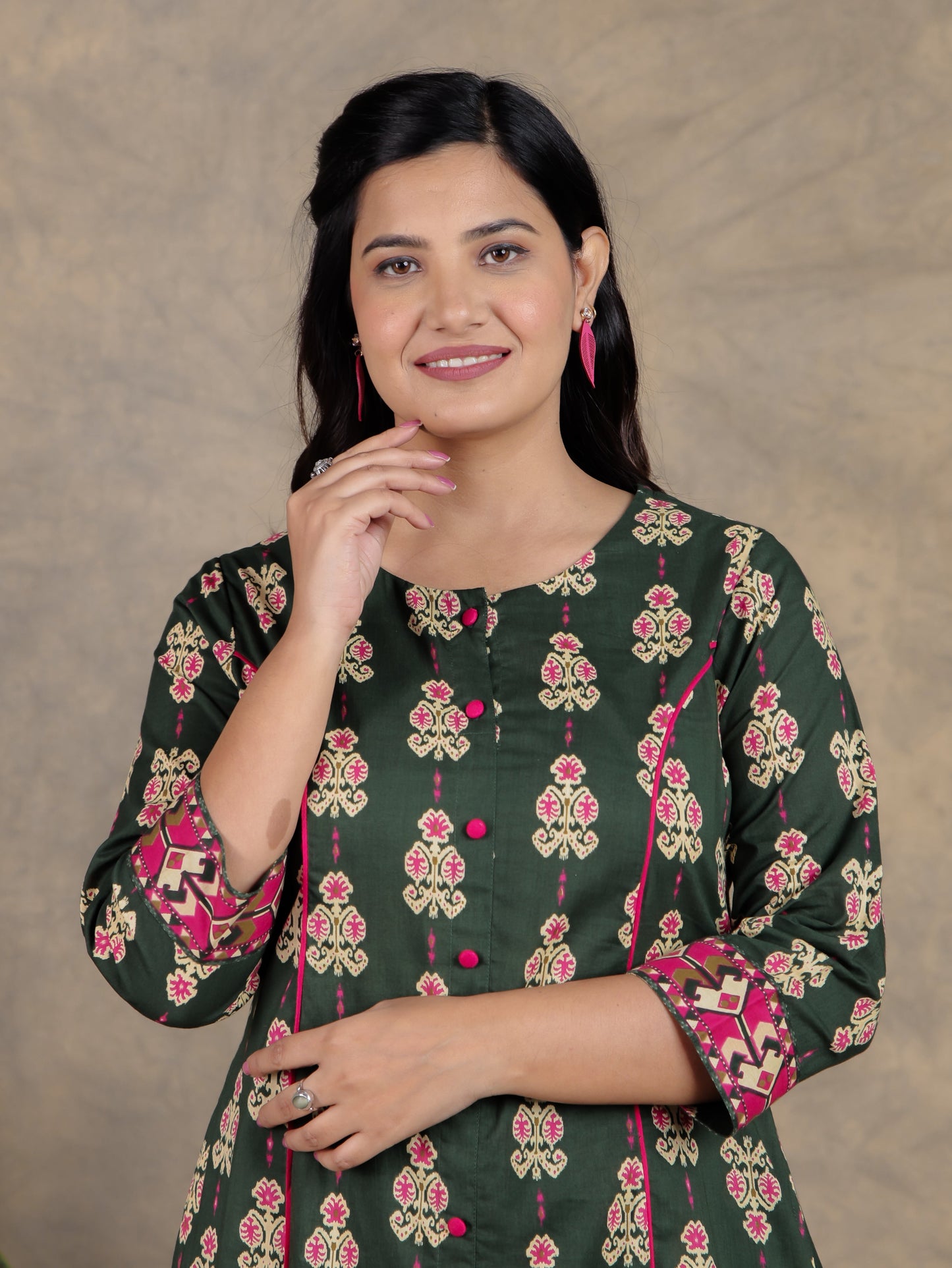 Soft Cotton Ikat A-line Green Kurta