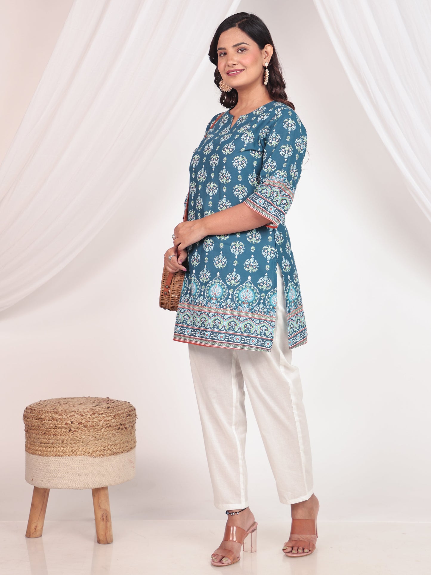 Soft Cotton Floral Straight Blue Kurti