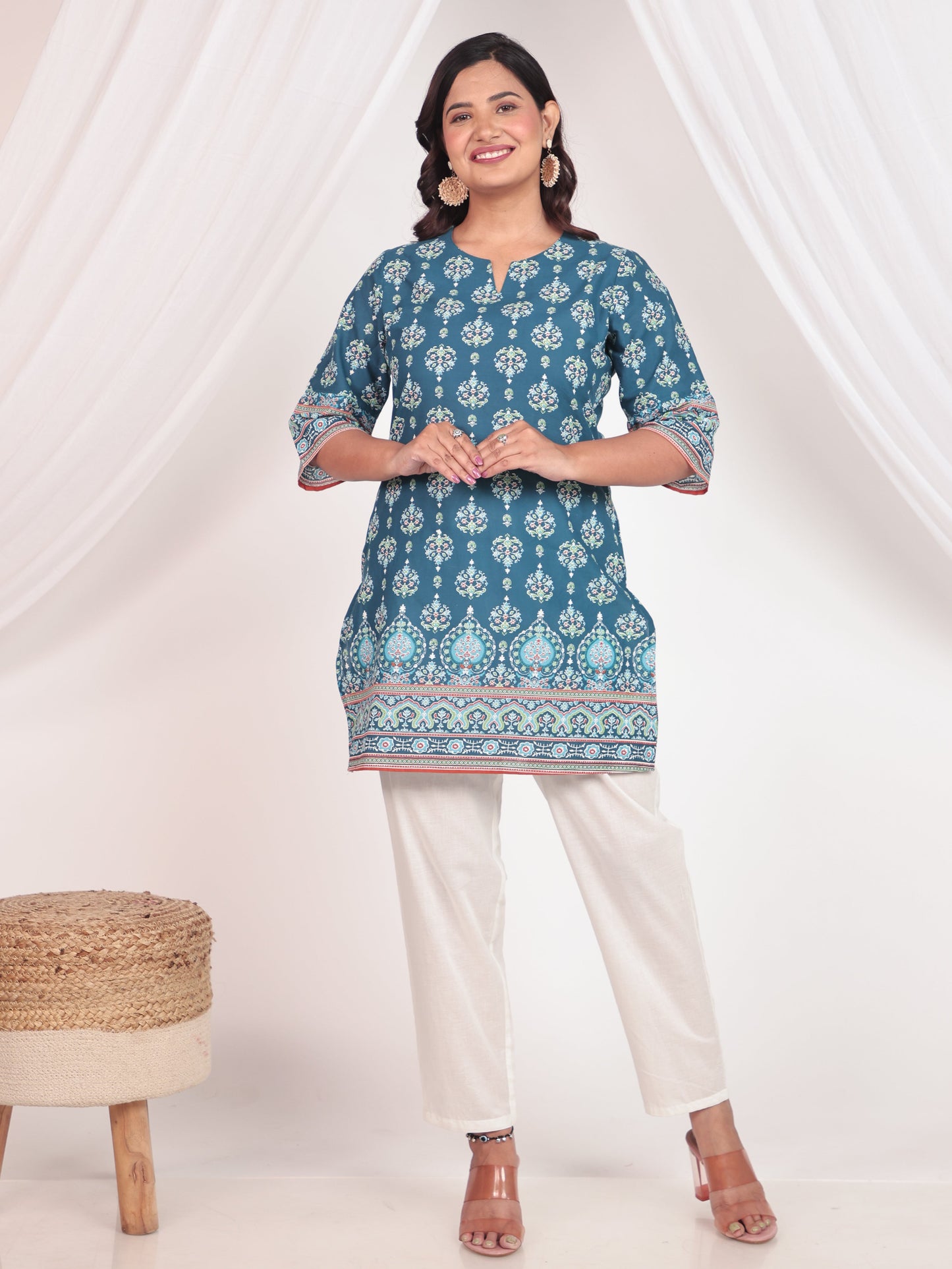 Soft Cotton Floral Straight Blue Kurti